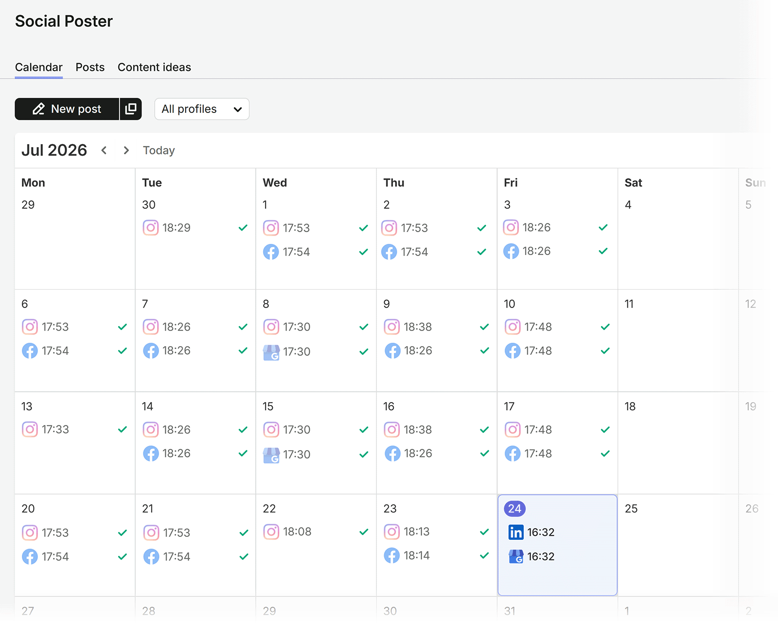 Semrush Social Poster calendar showing published and scheduled Instagram, Facebook, LinkedIn, and Google Business Profile posts