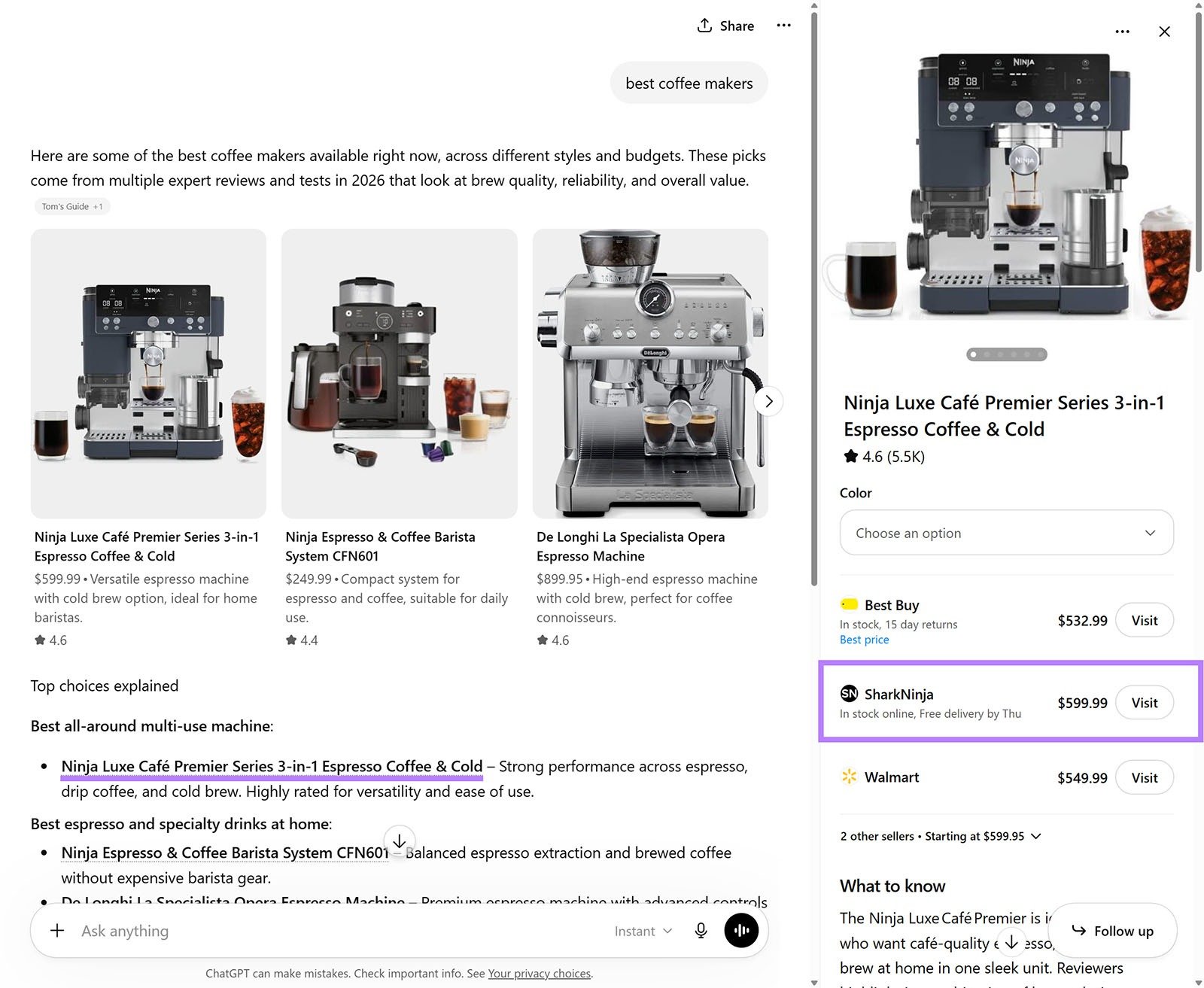 ChatGPT results for “best coffee makers” with product recommendations and retailer citations in sidebar