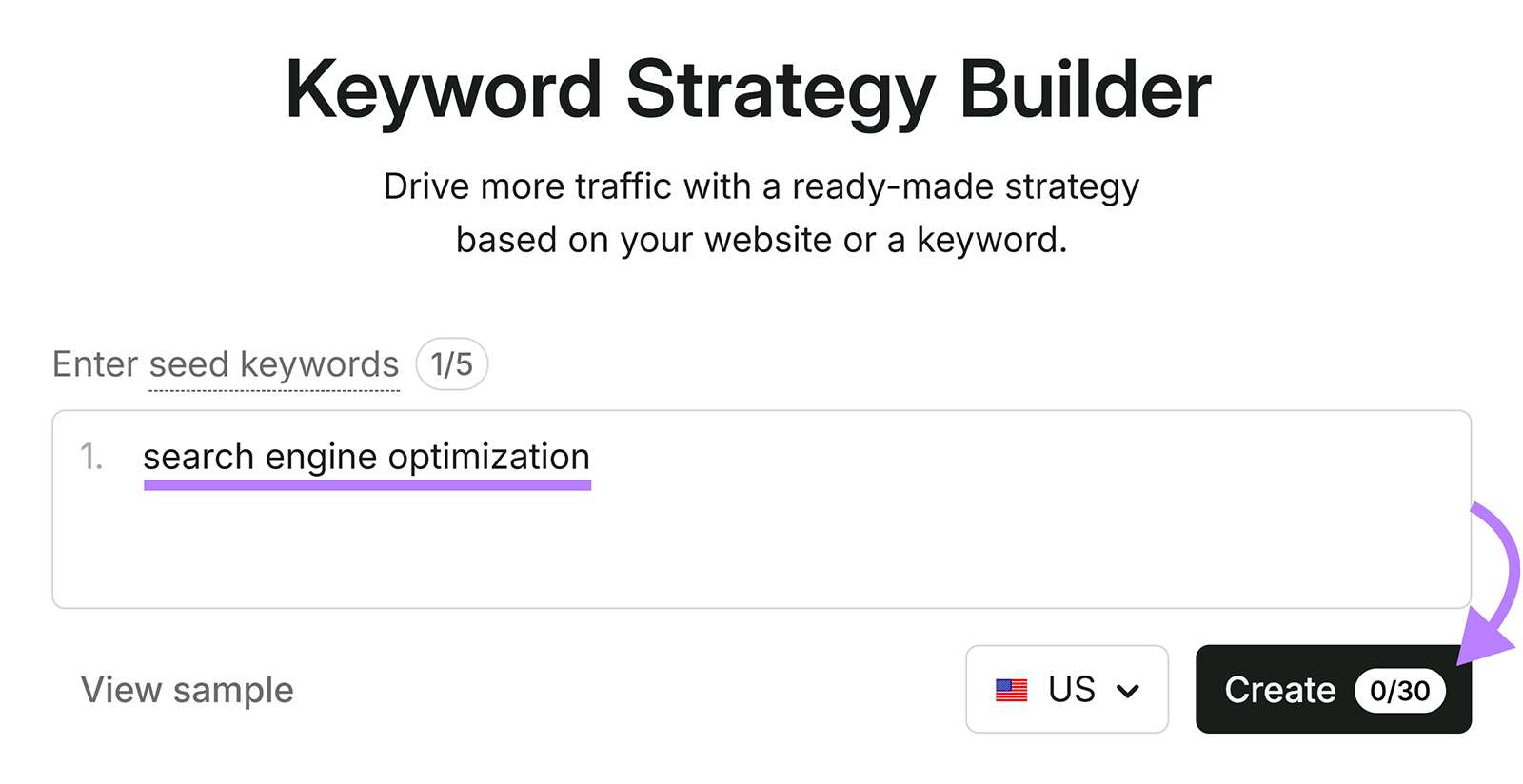 Semrush Keyword Strategy Builder with “search engine optimization” entered as the seed keyword