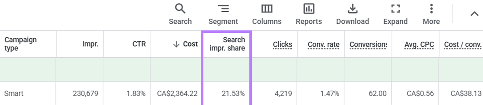 Google Ads dashboard showing search impression share metric for measuring paid search visibility