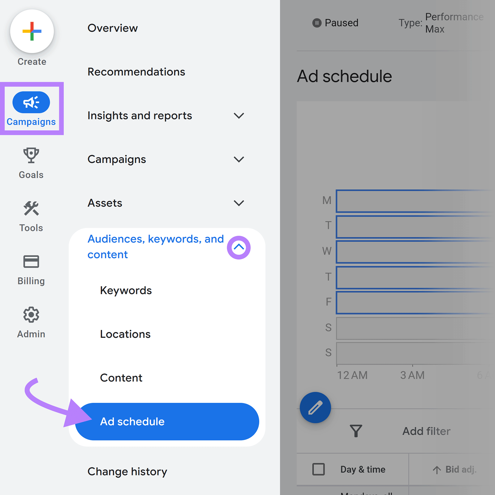 Google Ads campaign menu showing Ad schedule settings for controlling when ads appear