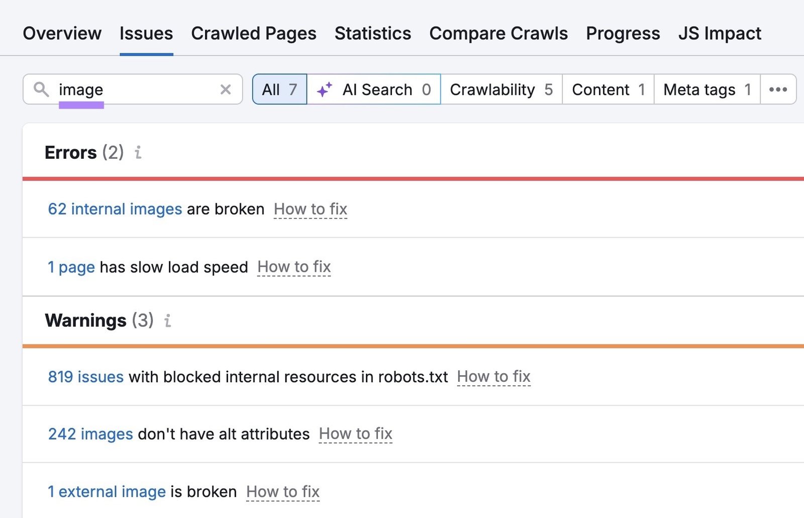 The "Issues" tab on Site Audit with "image" entered showing a list of related errors and warnings.