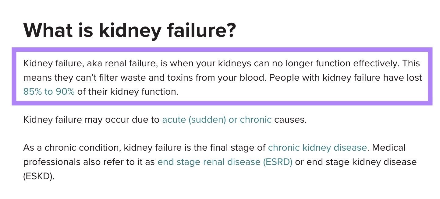A blog post by Healthline directly answering the question, "What is kidney failure?" posed in the heading.