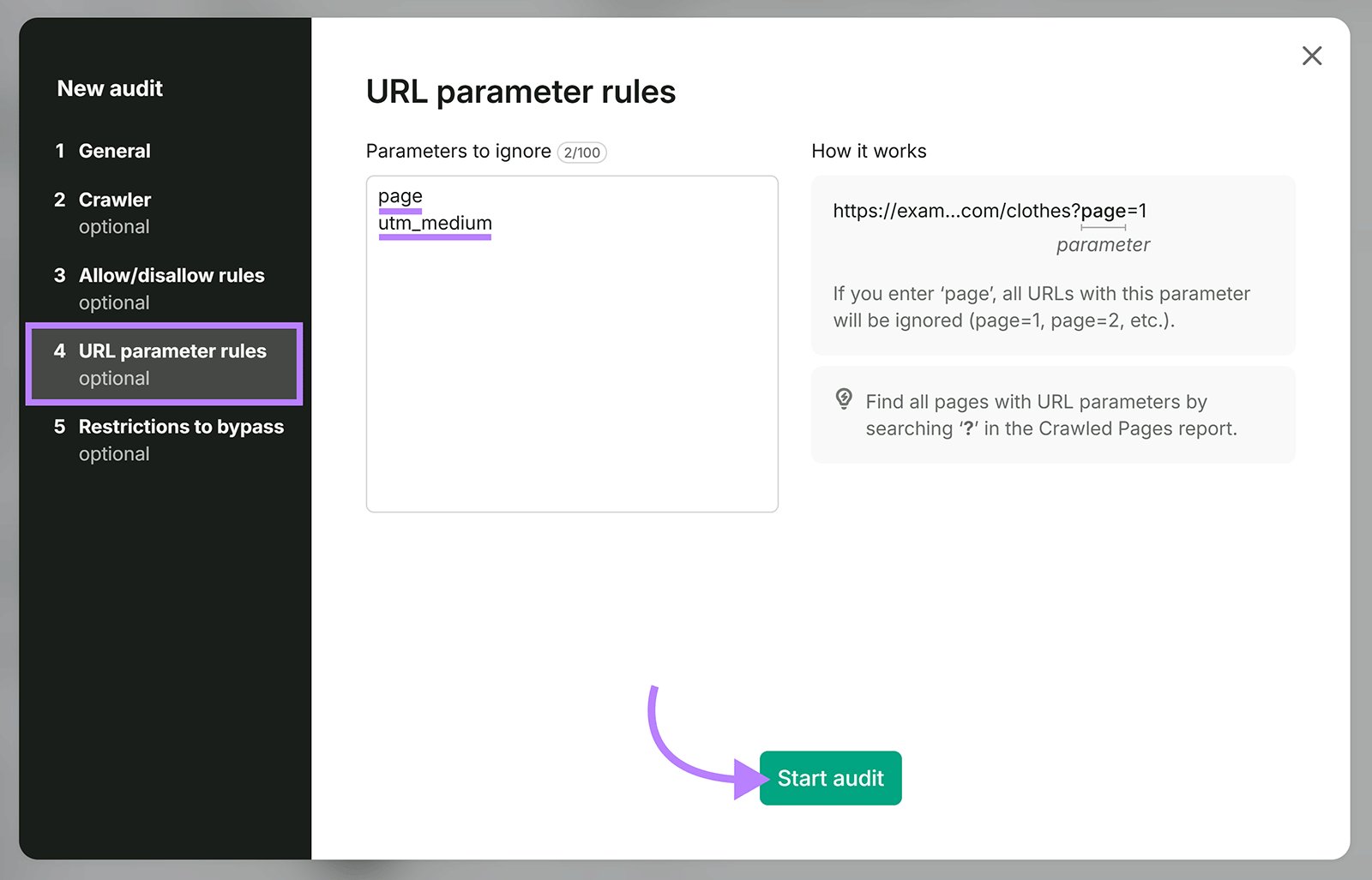 Site Audit URL parameter rules setup screen with page and utm_medium parameters ignored before starting an audit