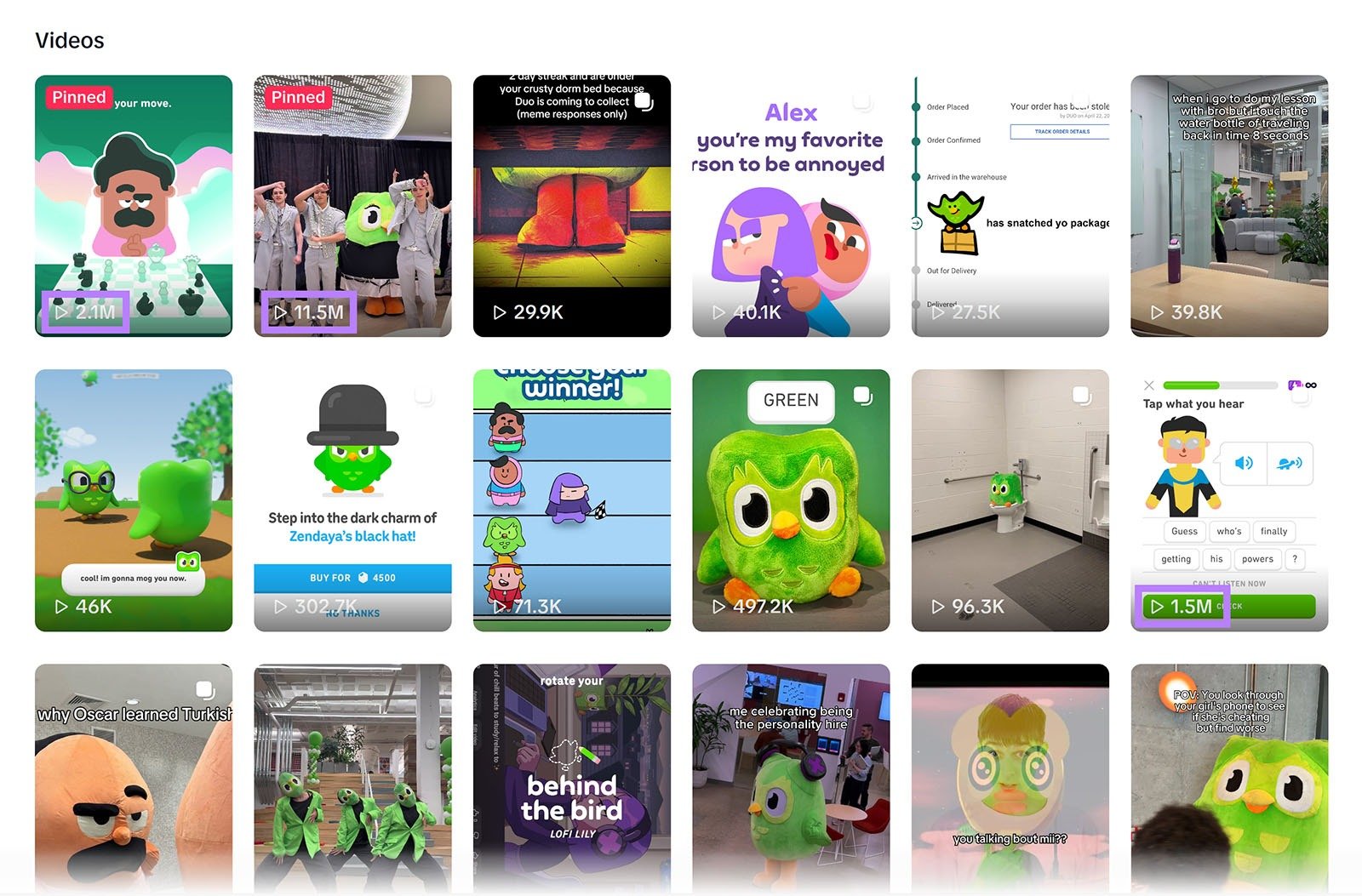 TikTok video grid showing Duolingo’s viral short-form content and view counts across multiple posts