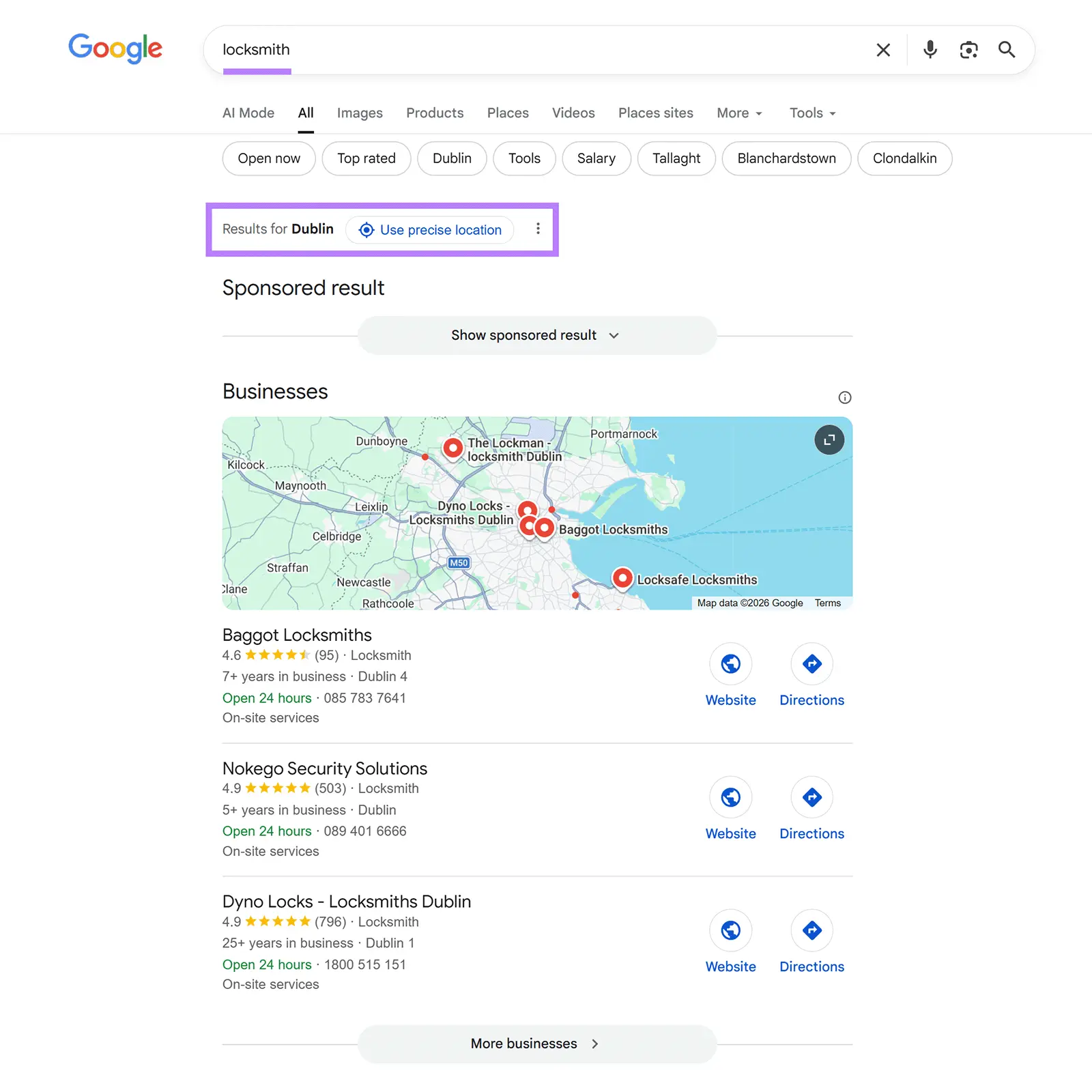 Google SERP for the term "locksmith" showing results for the searcher's location, Dublin.