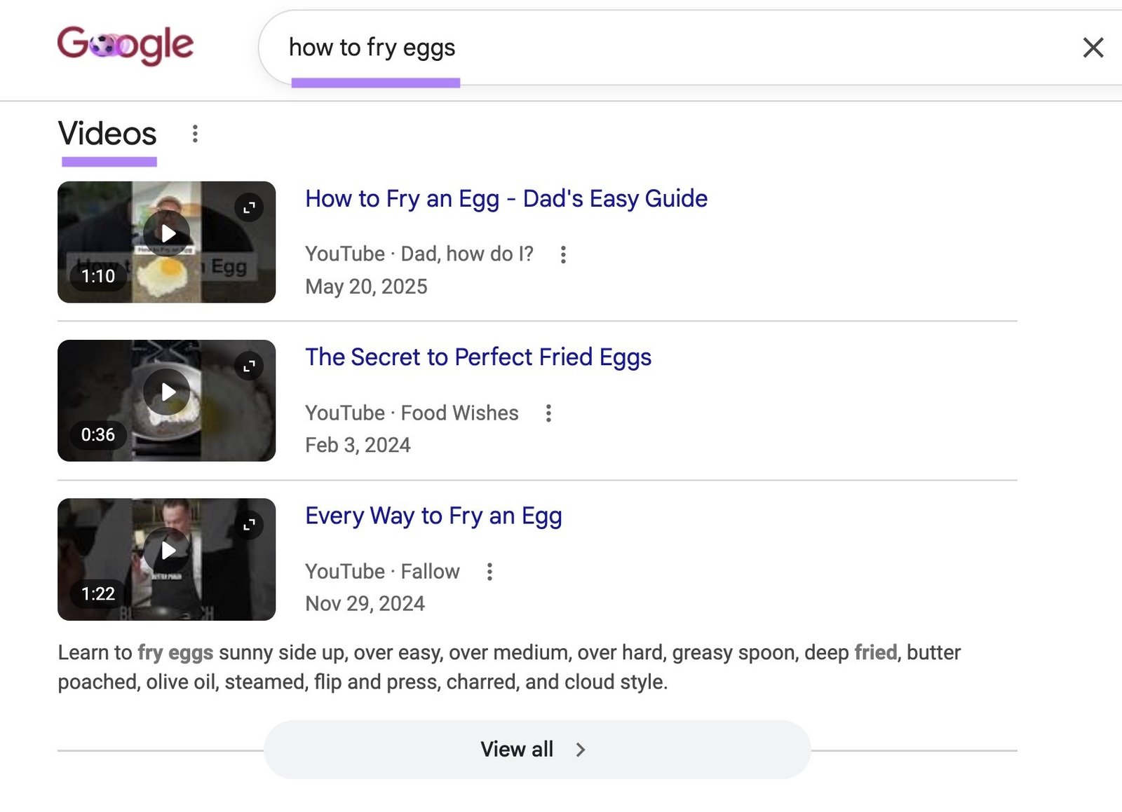 Google SERP with "how to fry eggs" entered triggering video results.