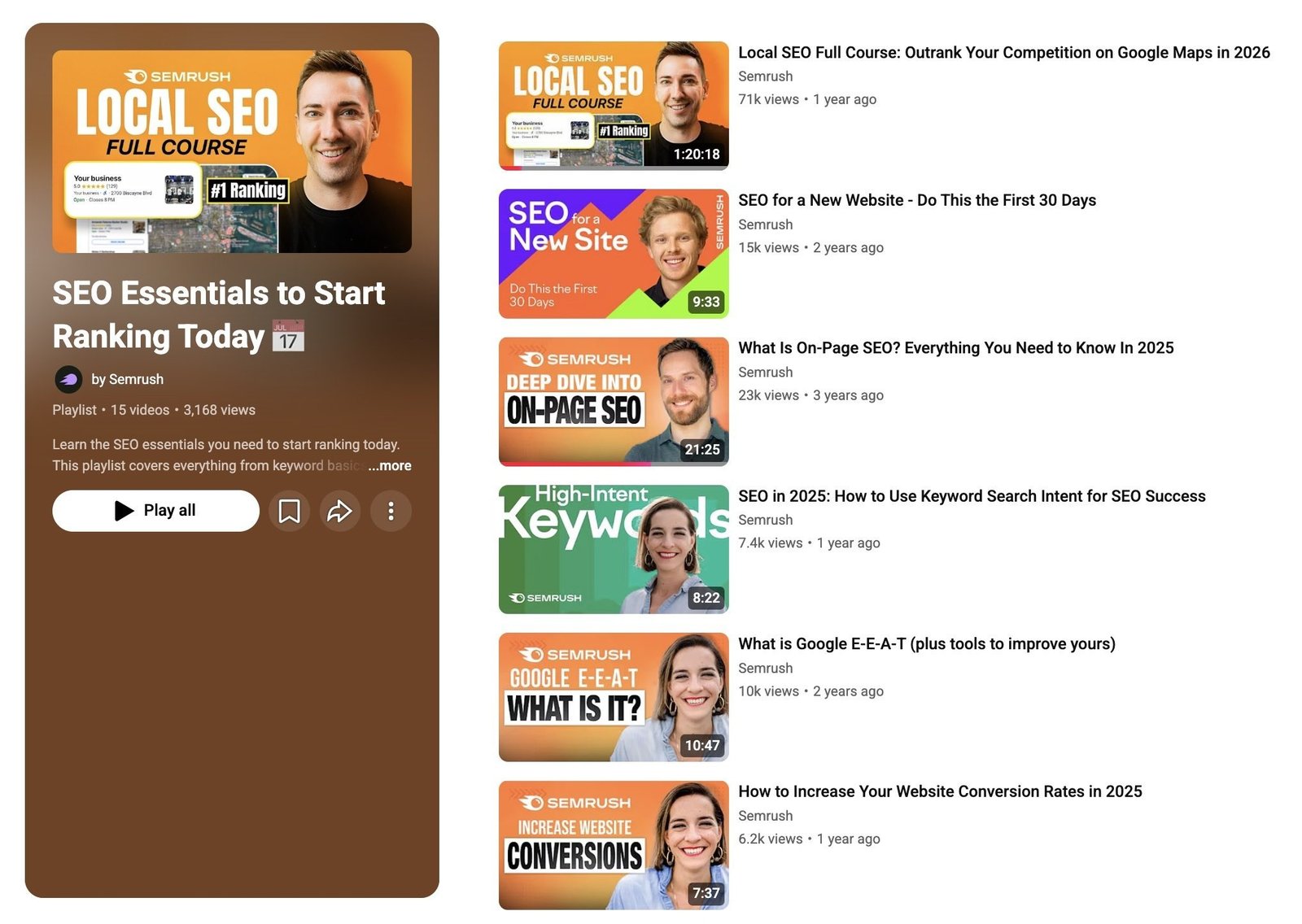 A video playlist covering SEO essentials by Semrush on YouTube.