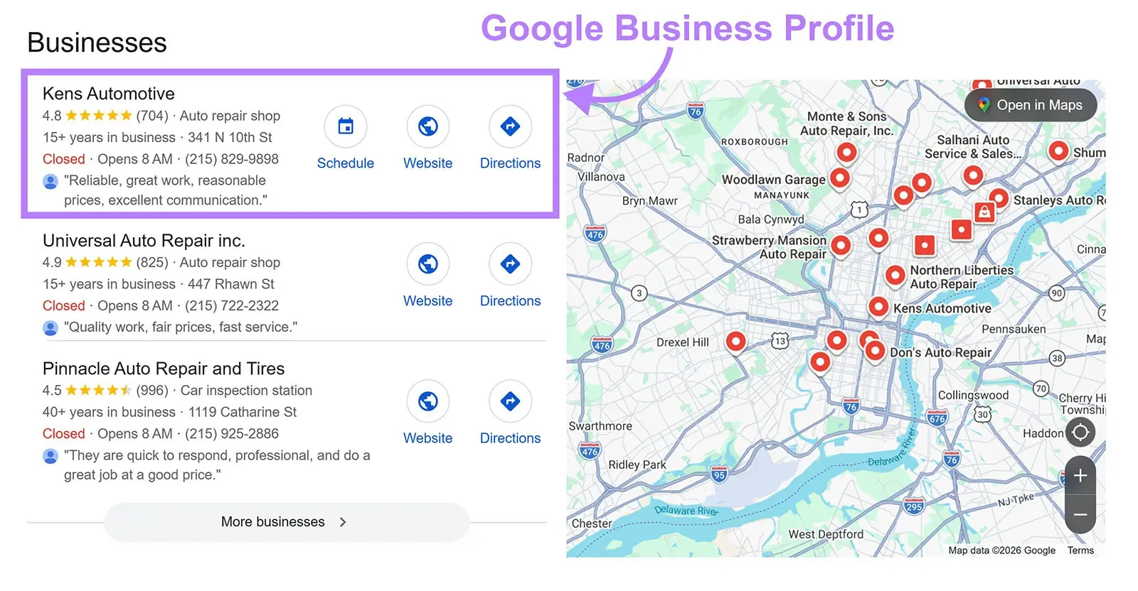 A Google Business Profile highlighted on the local pack results.