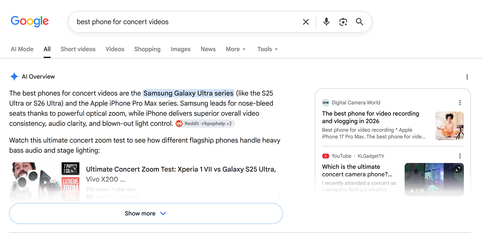 Google AI Overview recommending Samsung Galaxy Ultra and iPhone Pro Max for recording concert videos