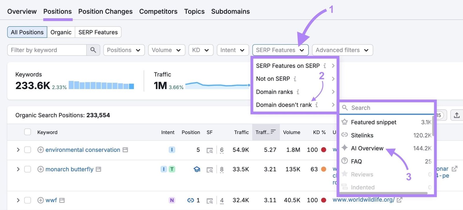 Applying a filter on the Organic Rankings tool to only show a list of keywords a domain ranks for but not in AI Overviews.