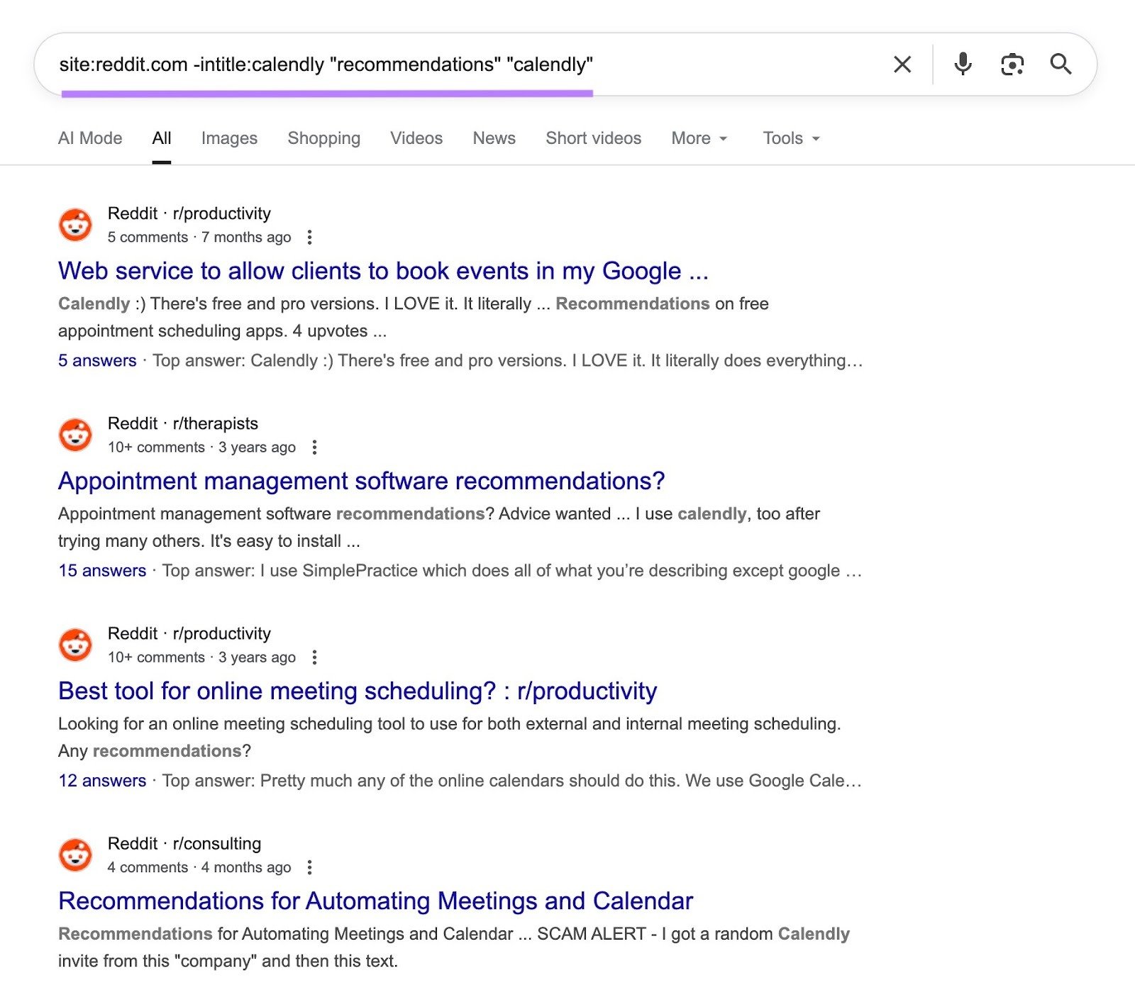 Using a site search operator on the SERP to find Reddit results that don't feature a competitor in the title but do feature them in the content body.