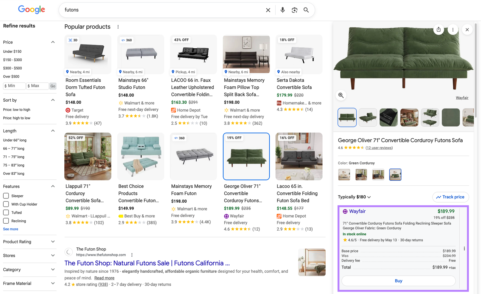 Google search results for "futons" showing UCP-powered checkout for a Wayfair product.