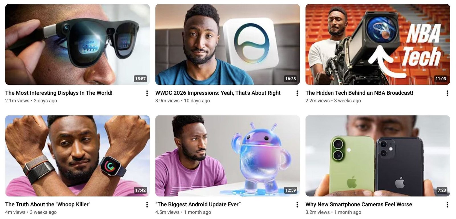 The YouTube channel of Marques Brownlee using a consistent thumbnail format across videos.