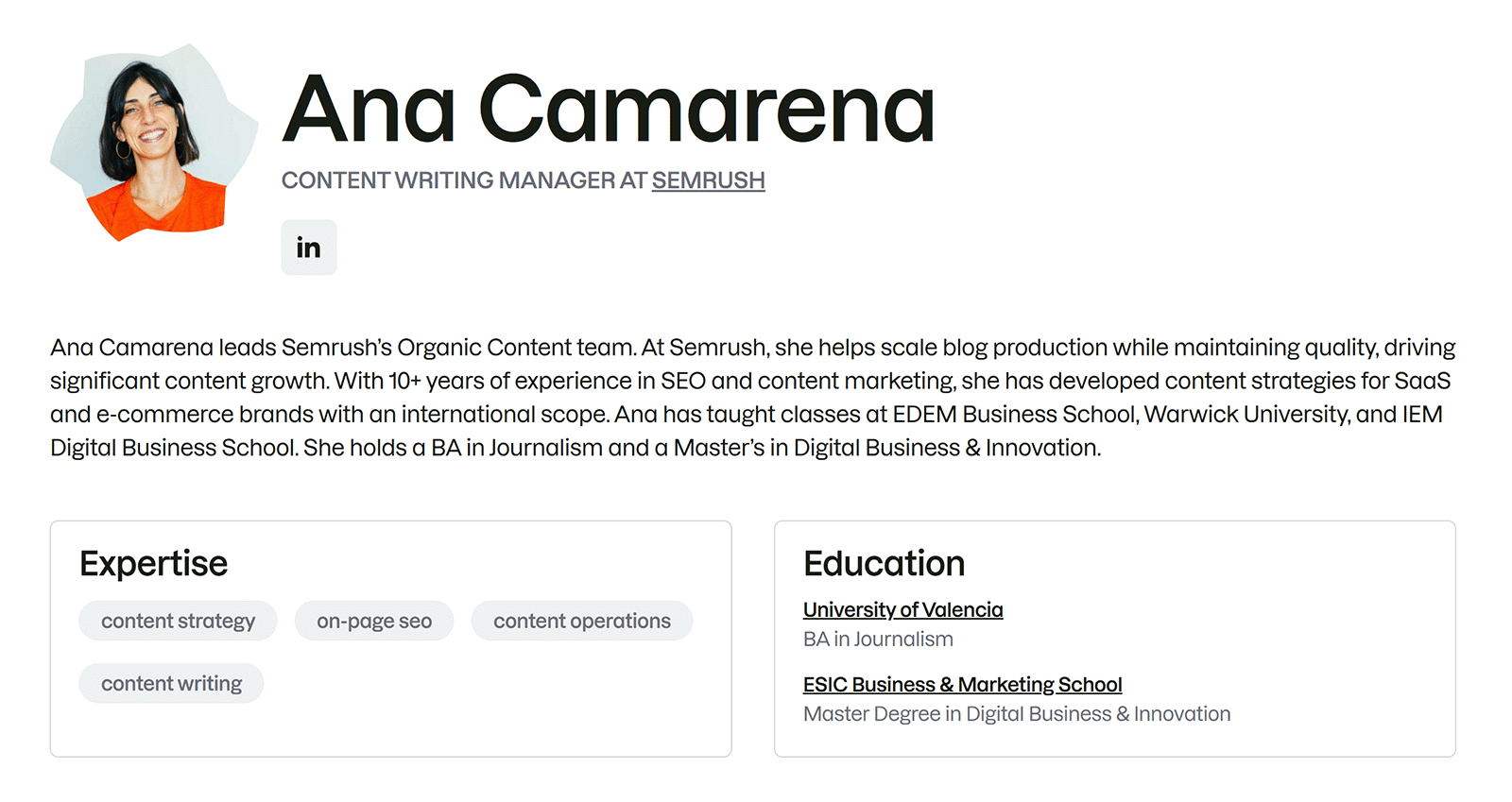 Semrush author profile for Ana Camarena showing her role, biography, expertise, and education