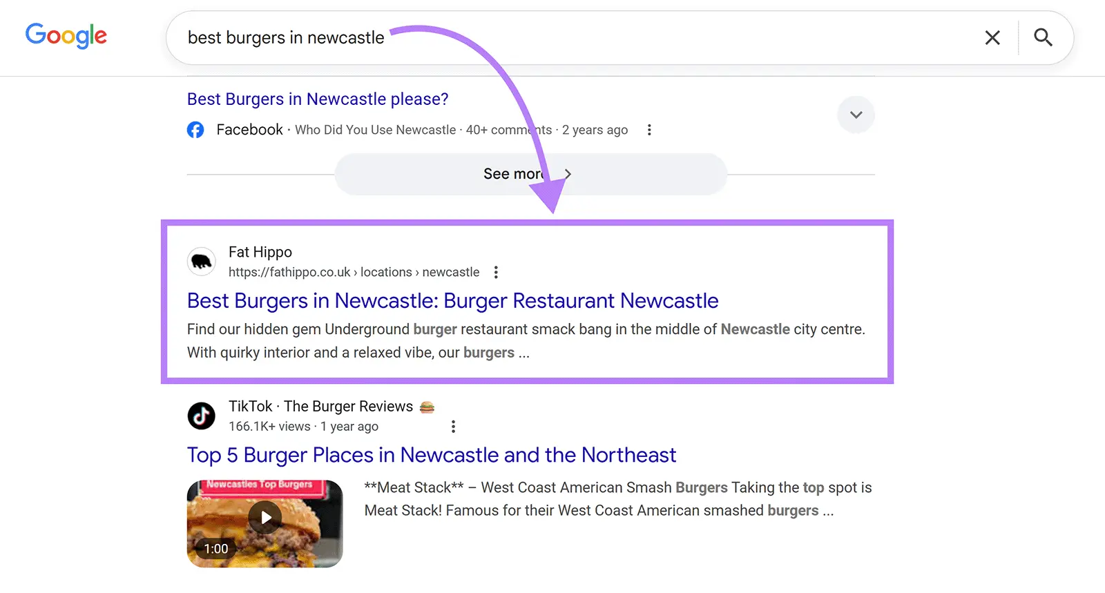 Google SERP showing a business targeting a keyword, "best burgers in newcastle", with one of its location pages.