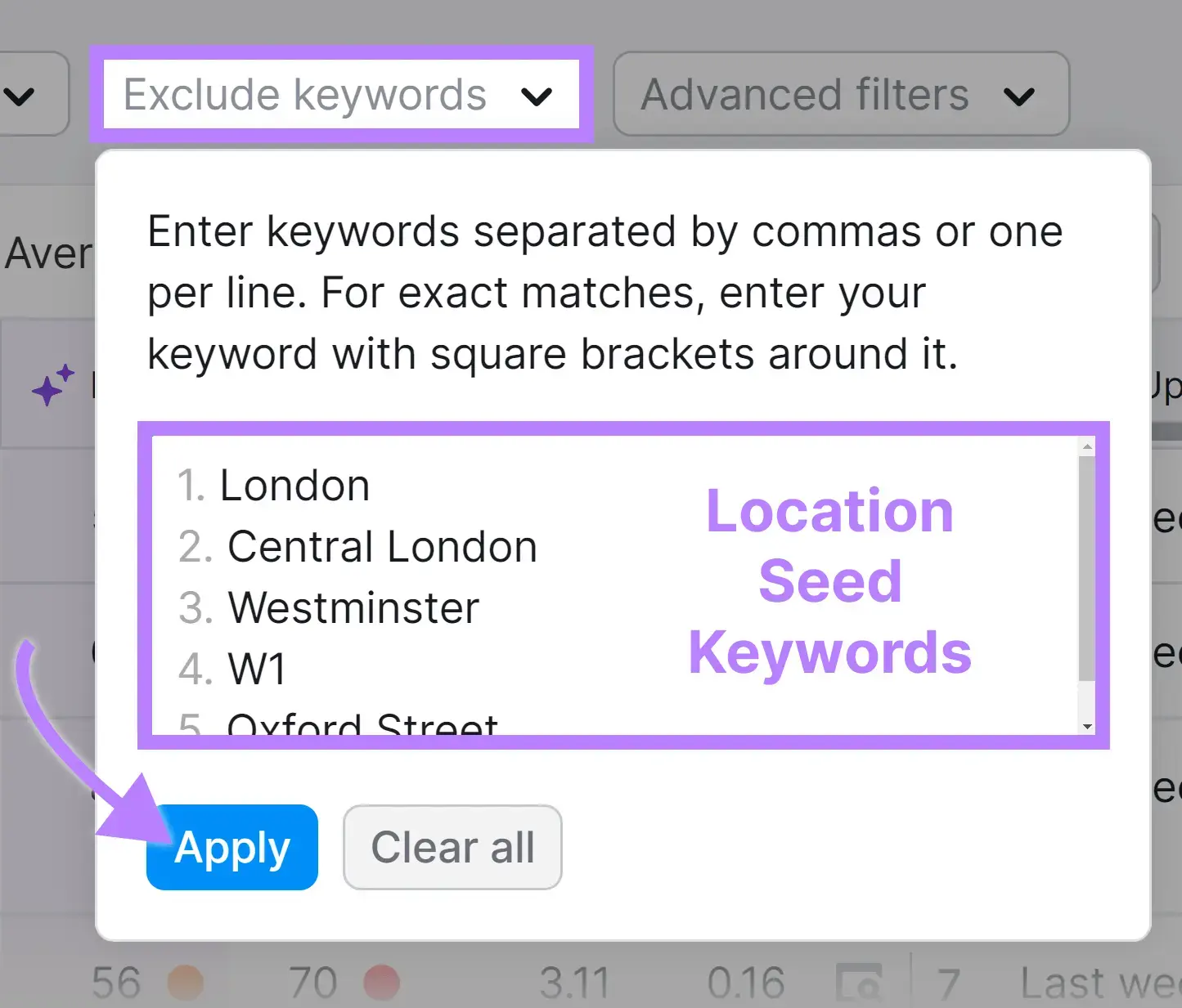 Applying a filter on the Keyword Magic Tool to exclude location seed keywords.