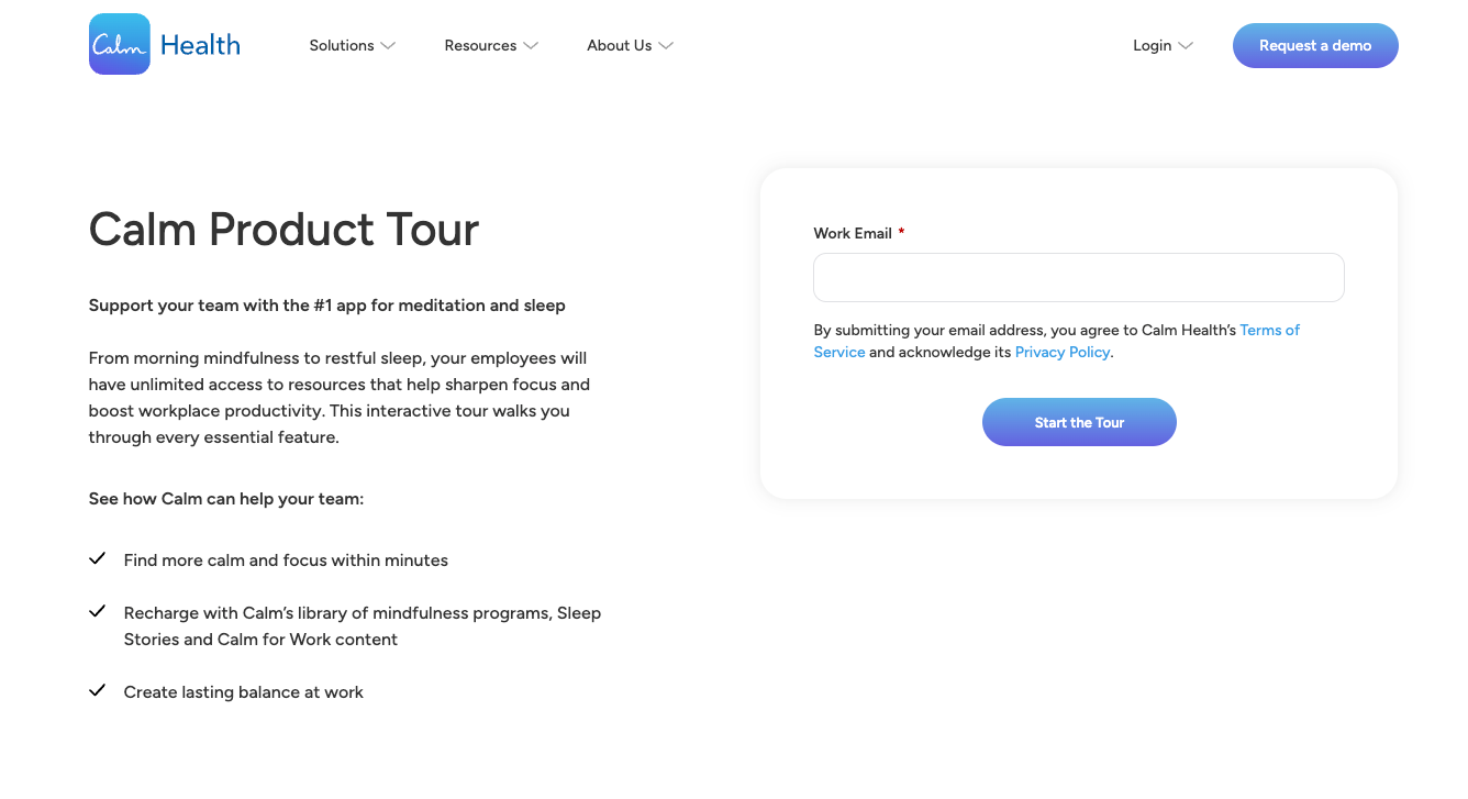 Calm website landing page with an email sign-up form for a product tour.