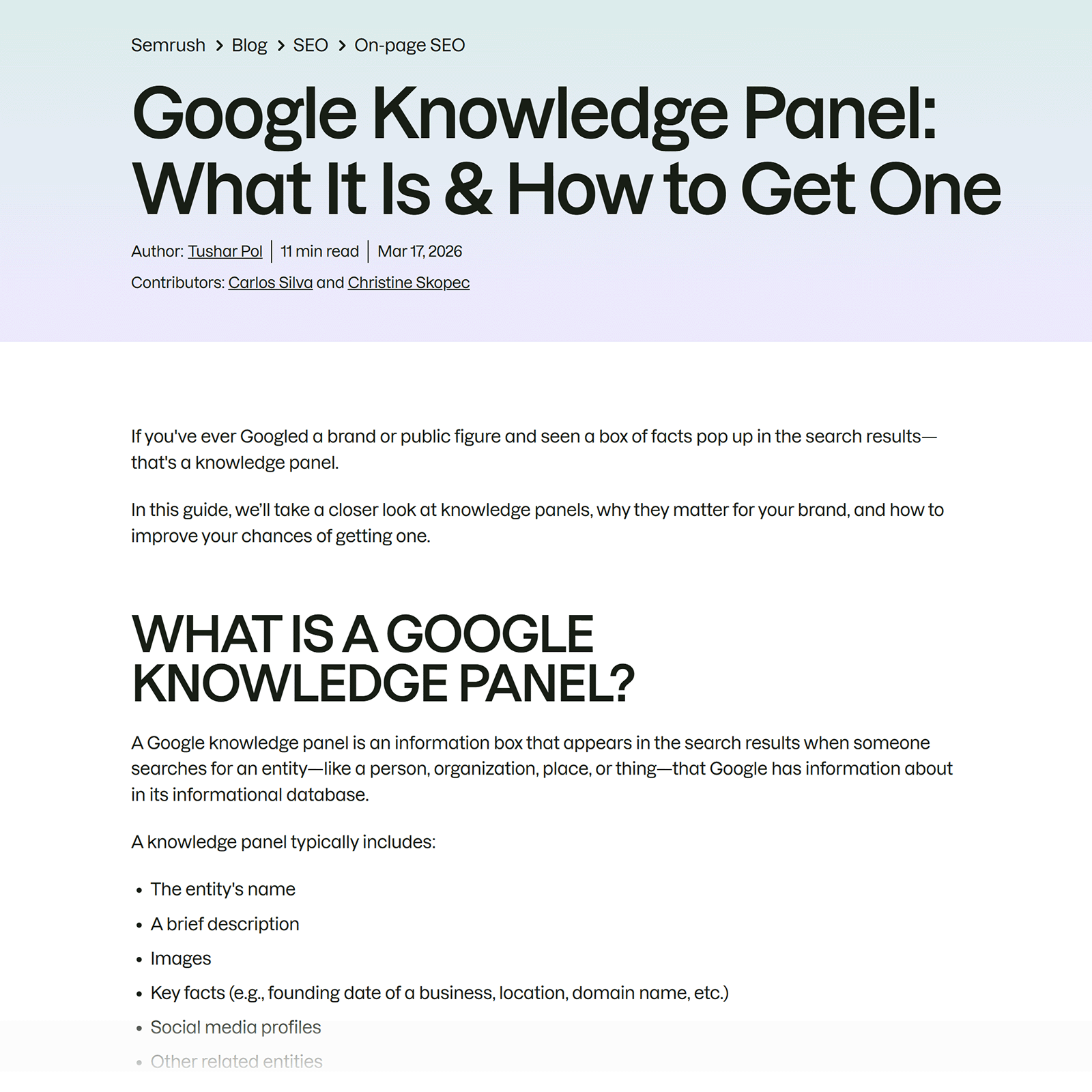Semrush blog article on Google Knowledge Panels showing optimized content structure, expert authorship, and entity-focused SEO content