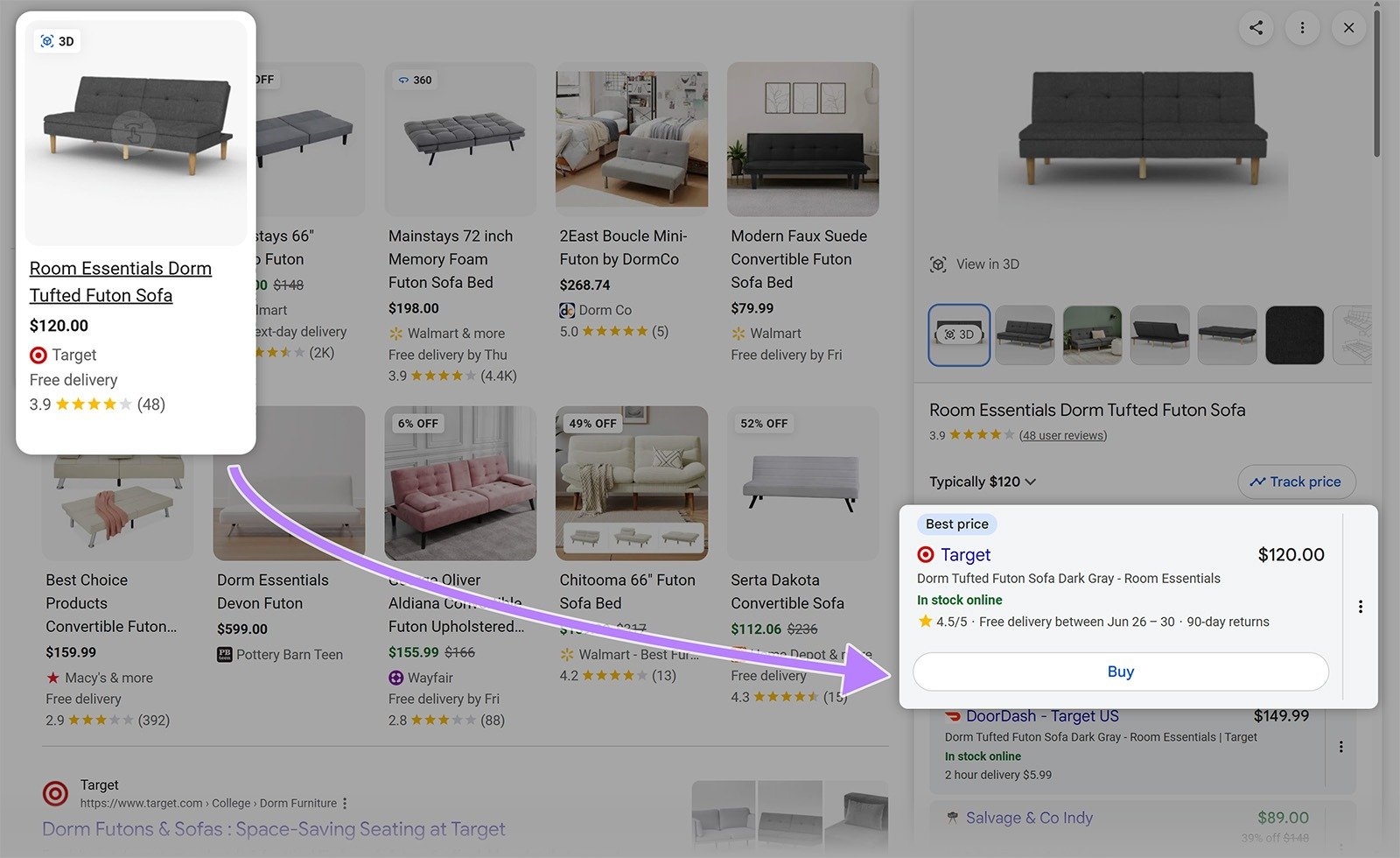 Google product result for a futon sofa with price, reviews, seller details, and Buy button