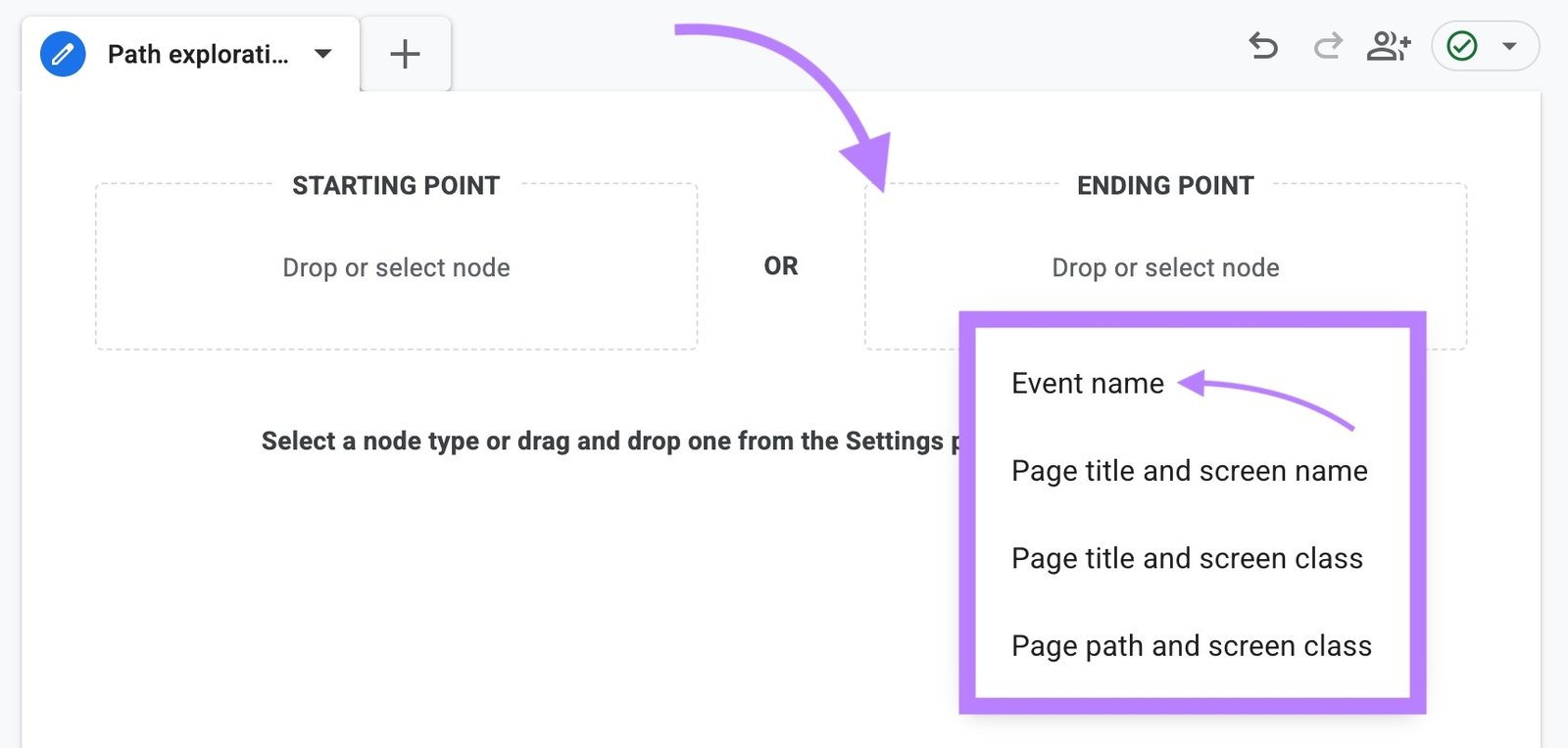 Path exploration on GA4 with "Event name" selected from the "ENDING POINT" drop-down.