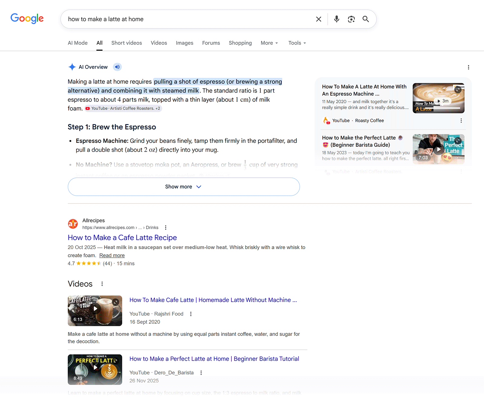 Google search results for “how to make a latte at home” with AI Overview, recipes, and video results