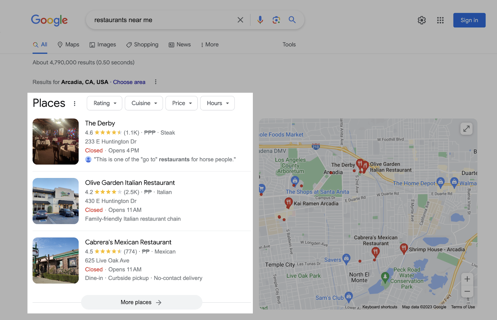 Google SERP for the term "restaurants near me" with the local pack highlighted.