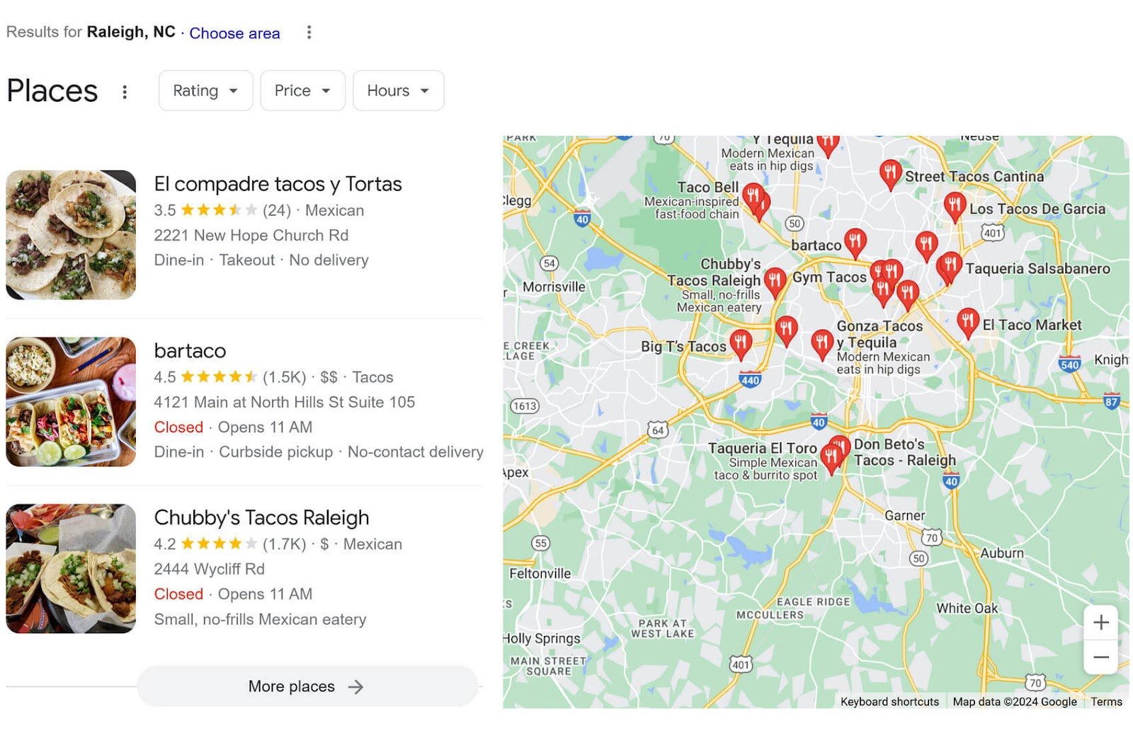 Google local pack results at the top of the SERP for tacos in Raleigh