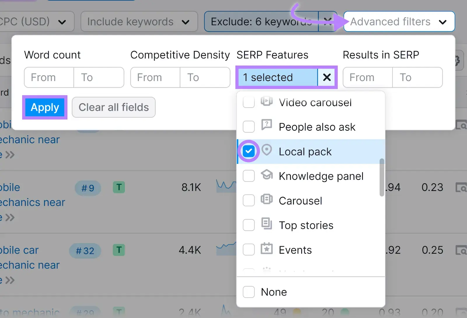 Applying a filter on the Keyword Magic Tool to only show keywords that trigger the local pack.