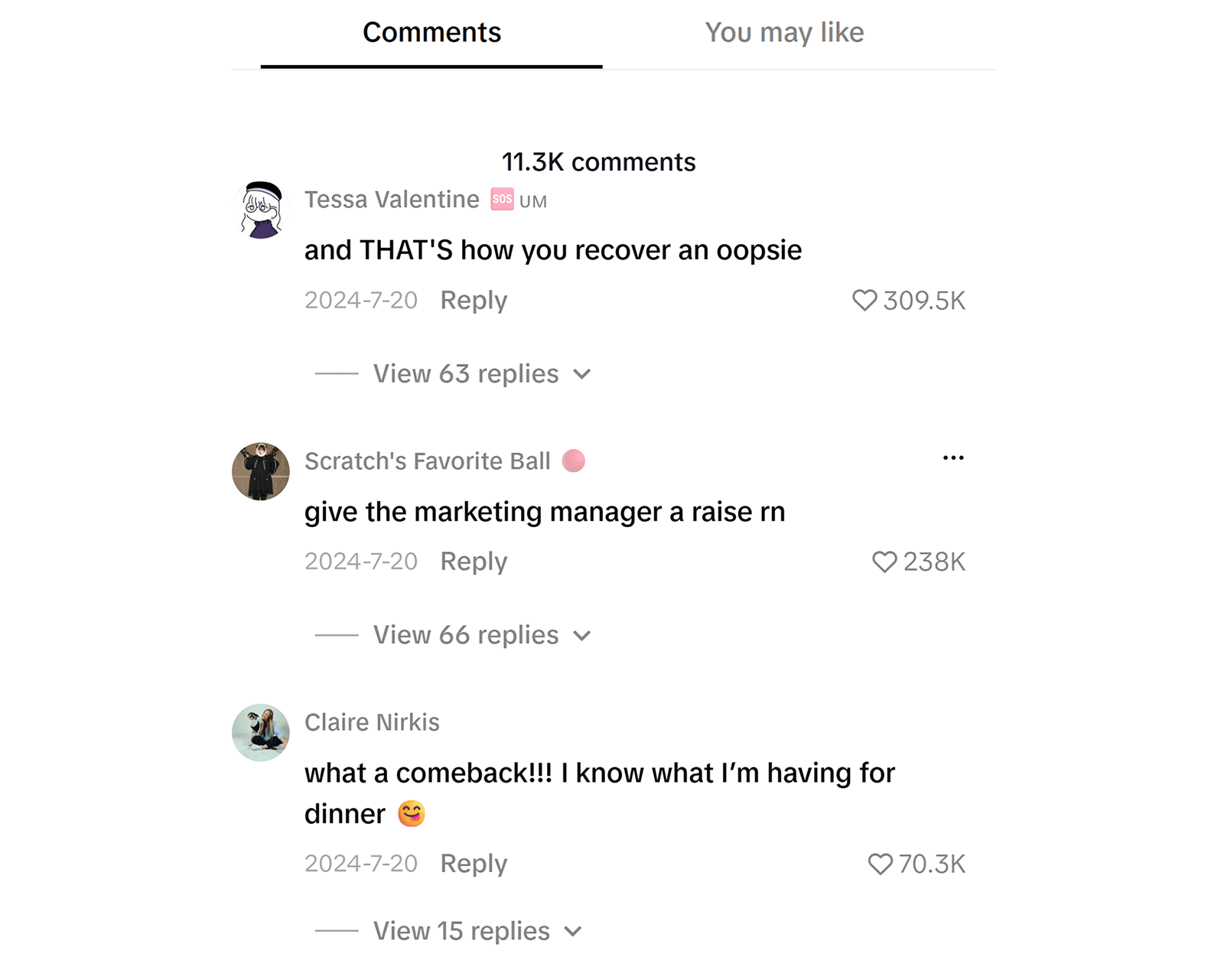 TikTok comments praising California Pizza Kitchen’s response to a viral customer complaint