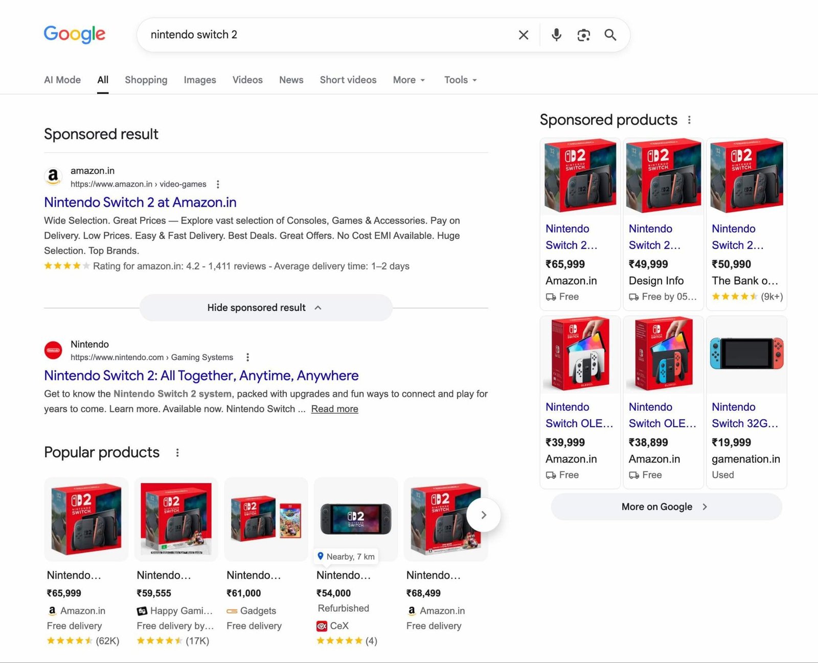 Google SERP dominated by product listings ads and product pages for the term "nintendo switch 2".