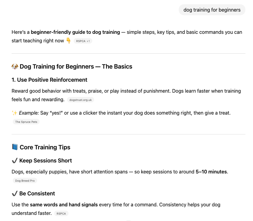ChatGPT answer for "dog training for beginners".