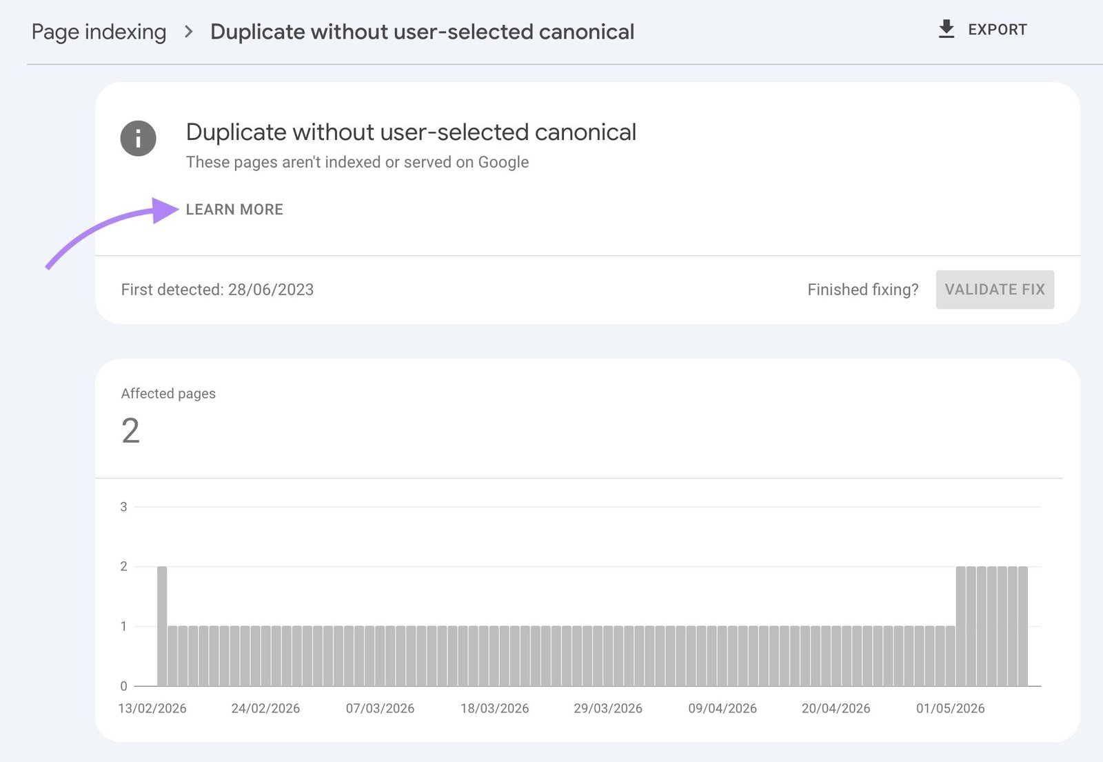 Pages with "duplicate without user-selected canonical" indexing issues on GSC along with the "Learn more" button highlighted.