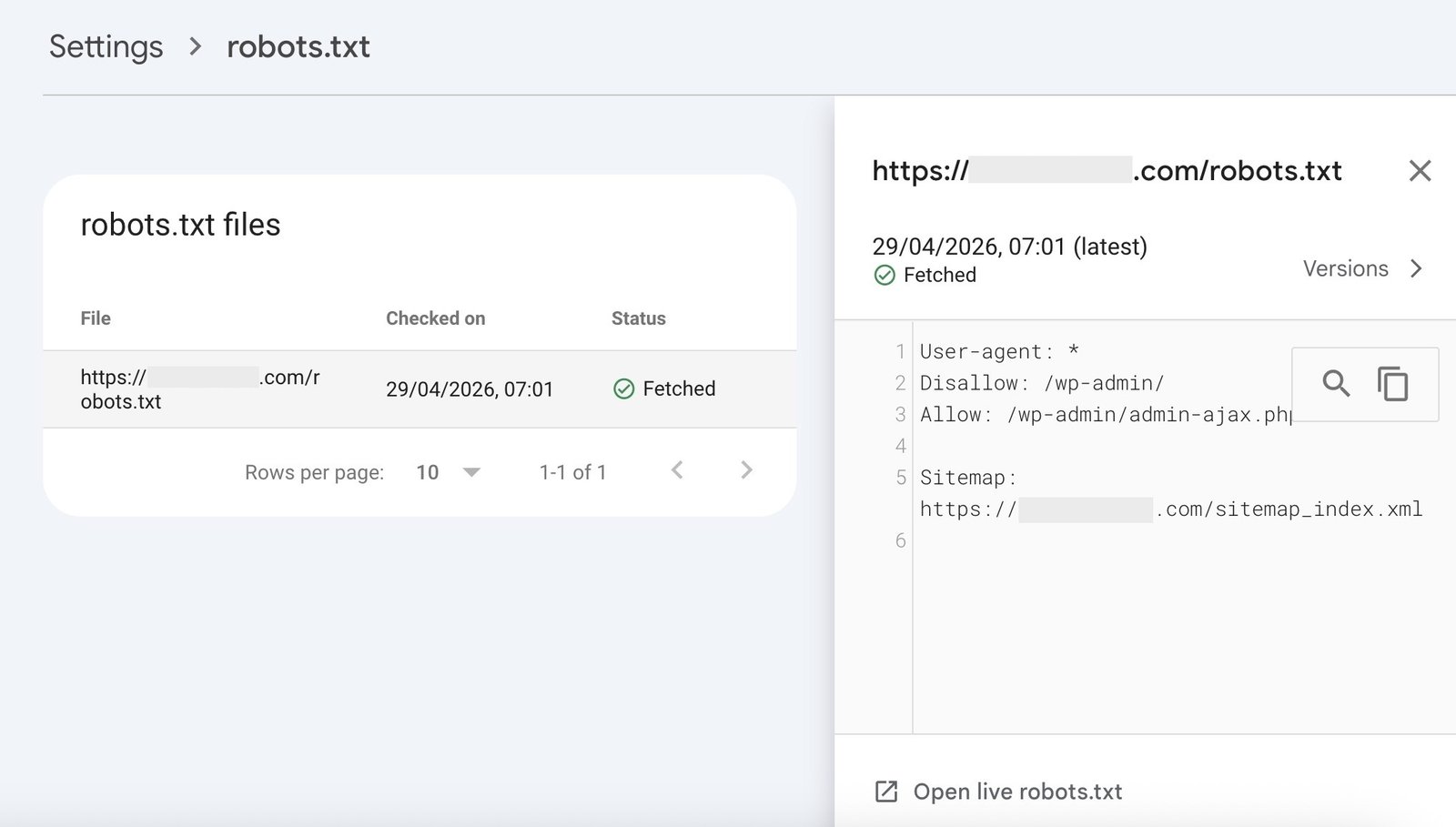 The "robots.txt" report on GSC showing the file fetched, rules disallowing /wp-admin/ and a sitemap URL listed.