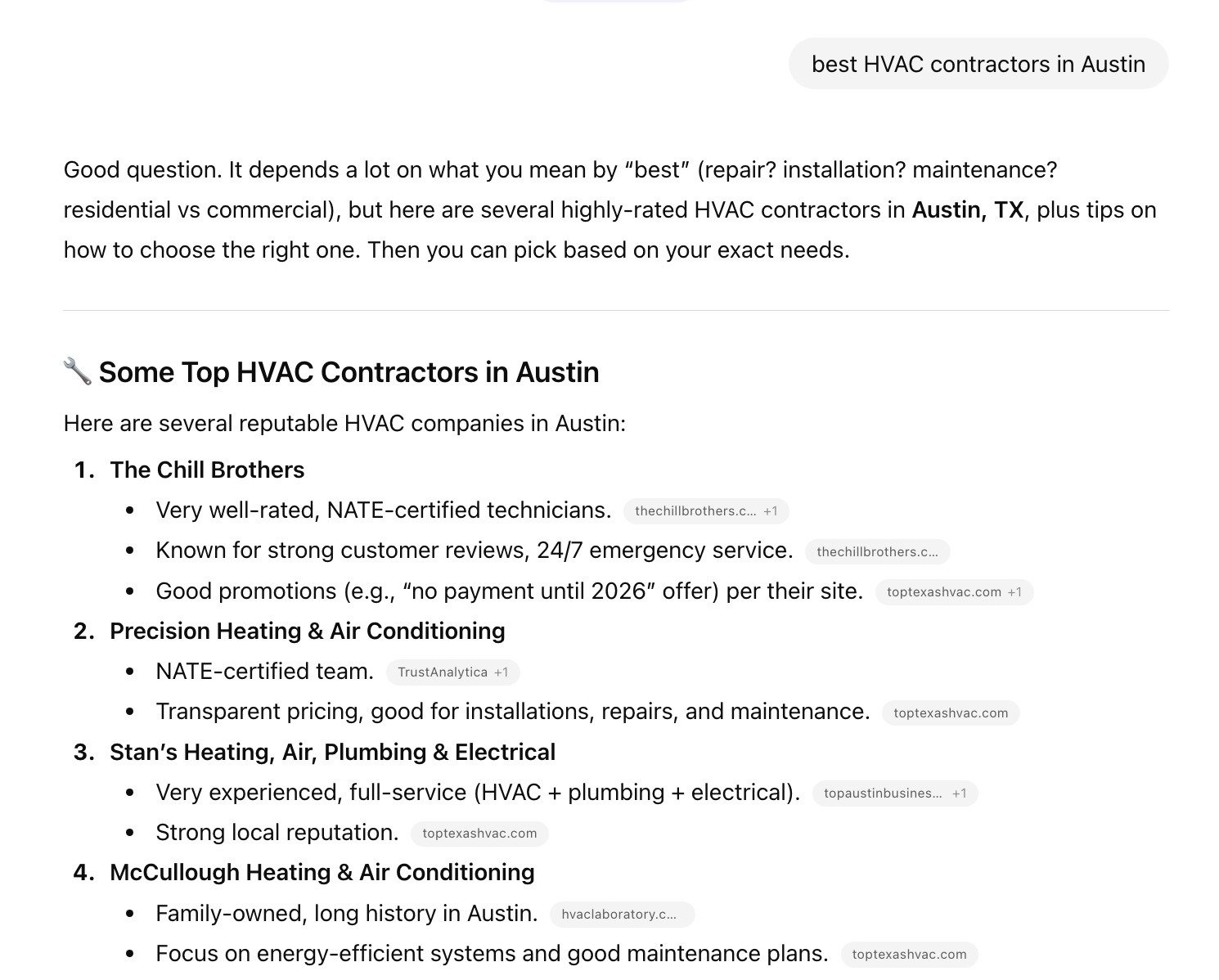 ChatGPT result for the prompt "best HVAC contractors in Austin."