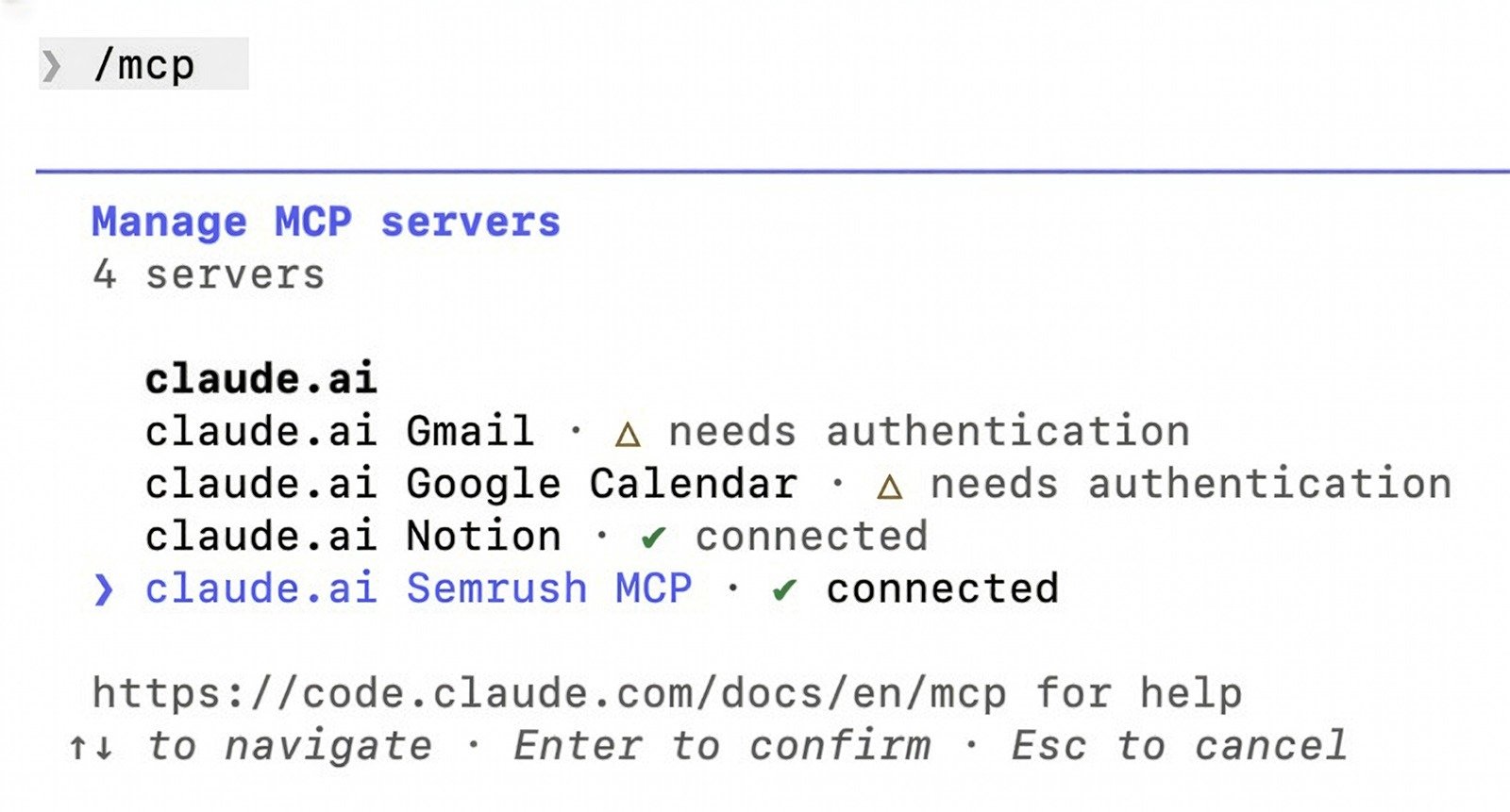 Claude MCP server manager showing Semrush MCP successfully connected and authenticated
