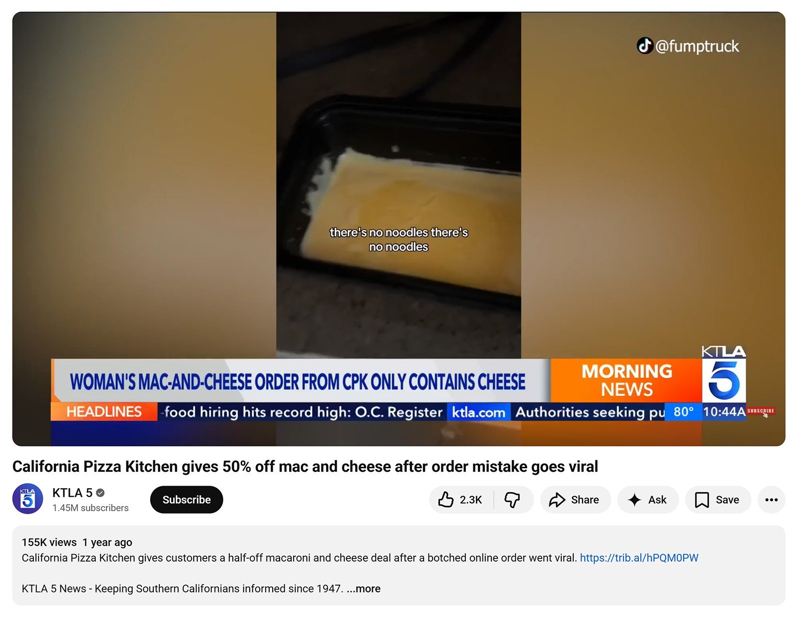 YouTube news segment covering a viral California Pizza Kitchen mac and cheese order mistake