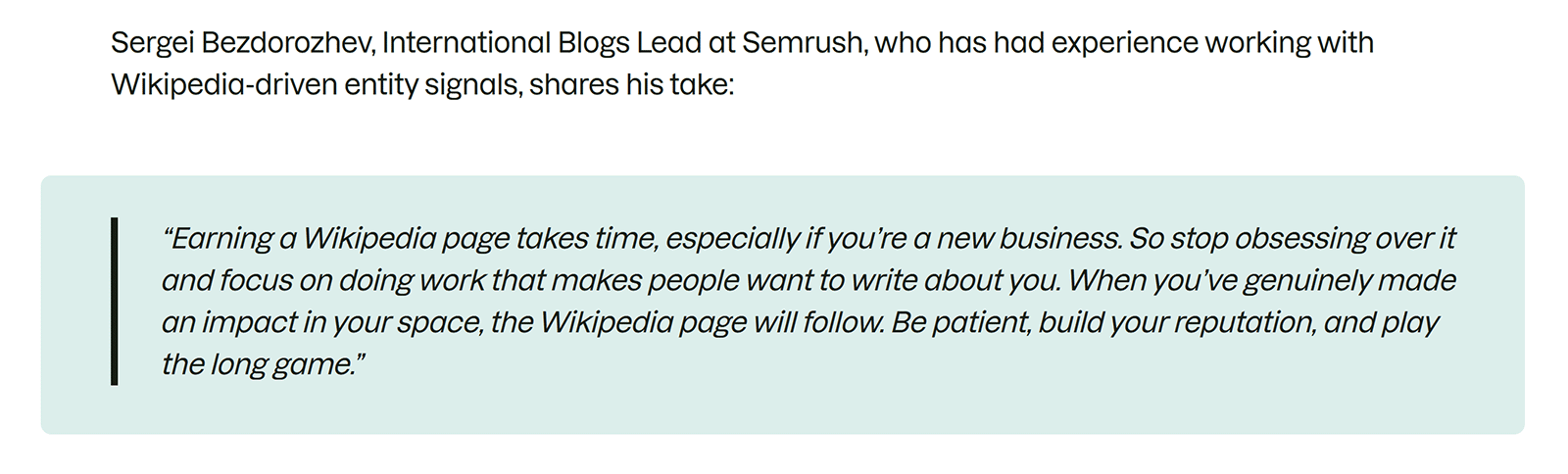 Expert quote block in Semrush article emphasizing long-term brand reputation over chasing a Wikipedia page