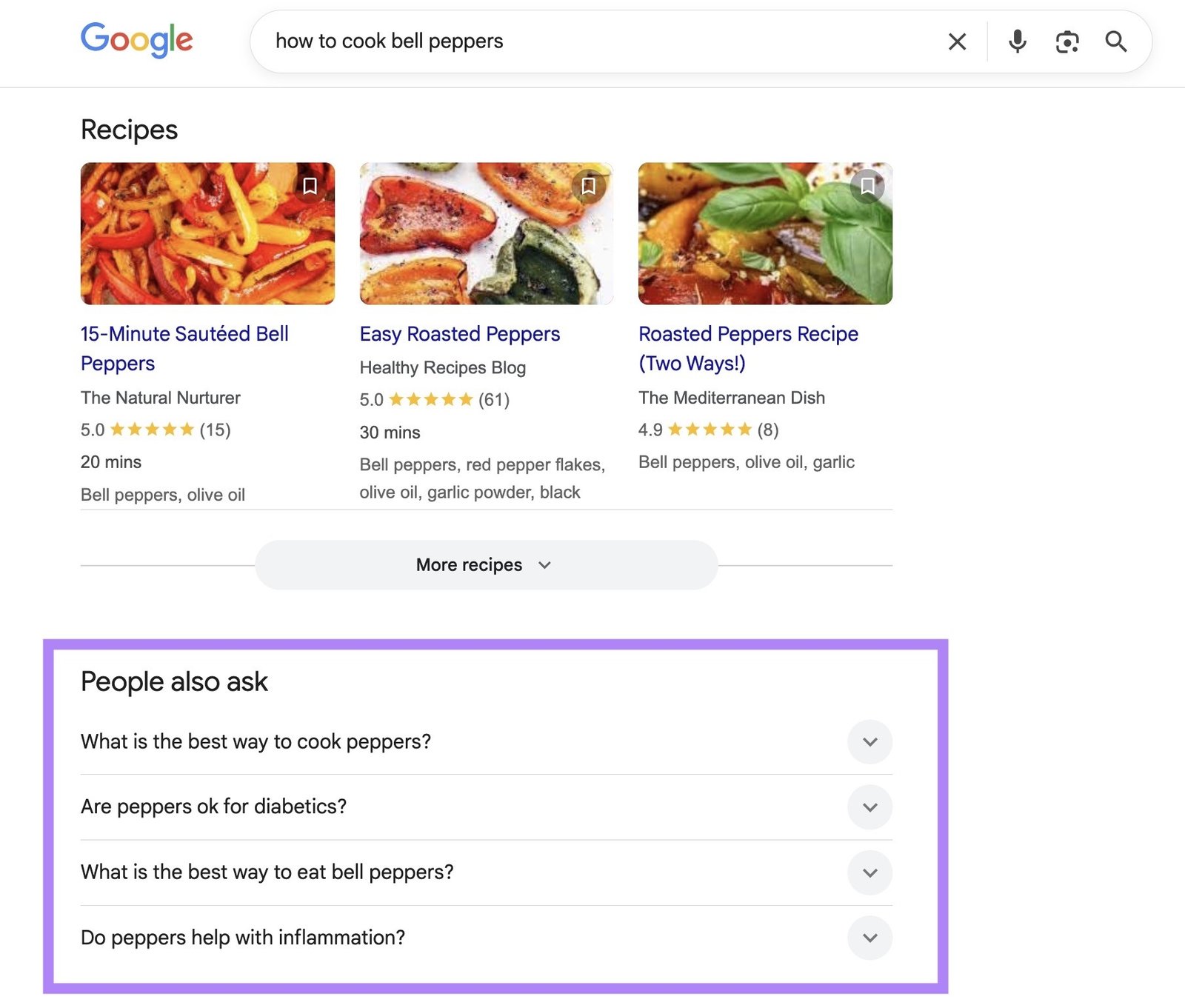 Google SERP for the term "how to cook bell peppers" with the "People also ask" section highlighted.