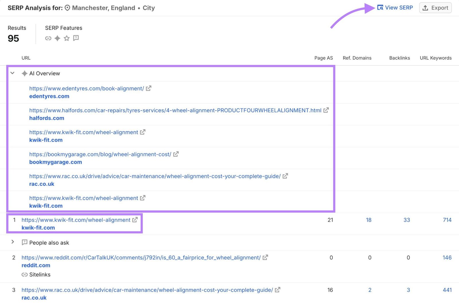 SERP Analysis on Keyword Overview showing a list of top ranking URLs for a term and the "View SERP" button highlighted.