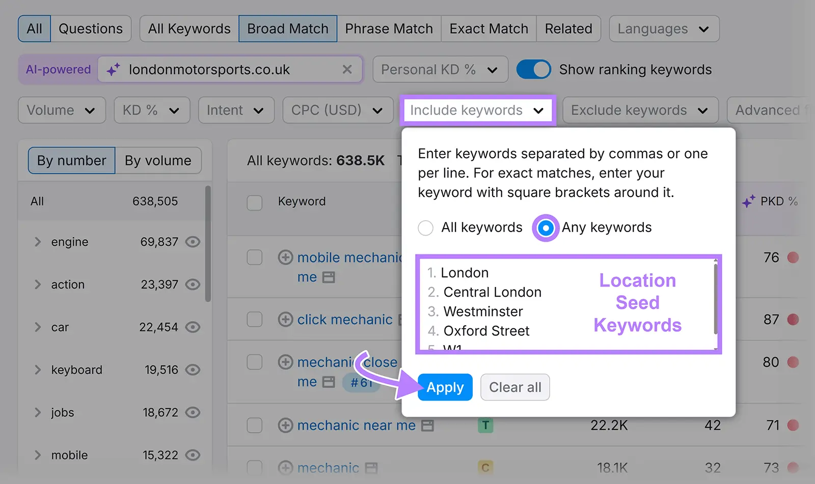 Applying a filter on the Keyword Magic Tool to only showing keywords with local intent.