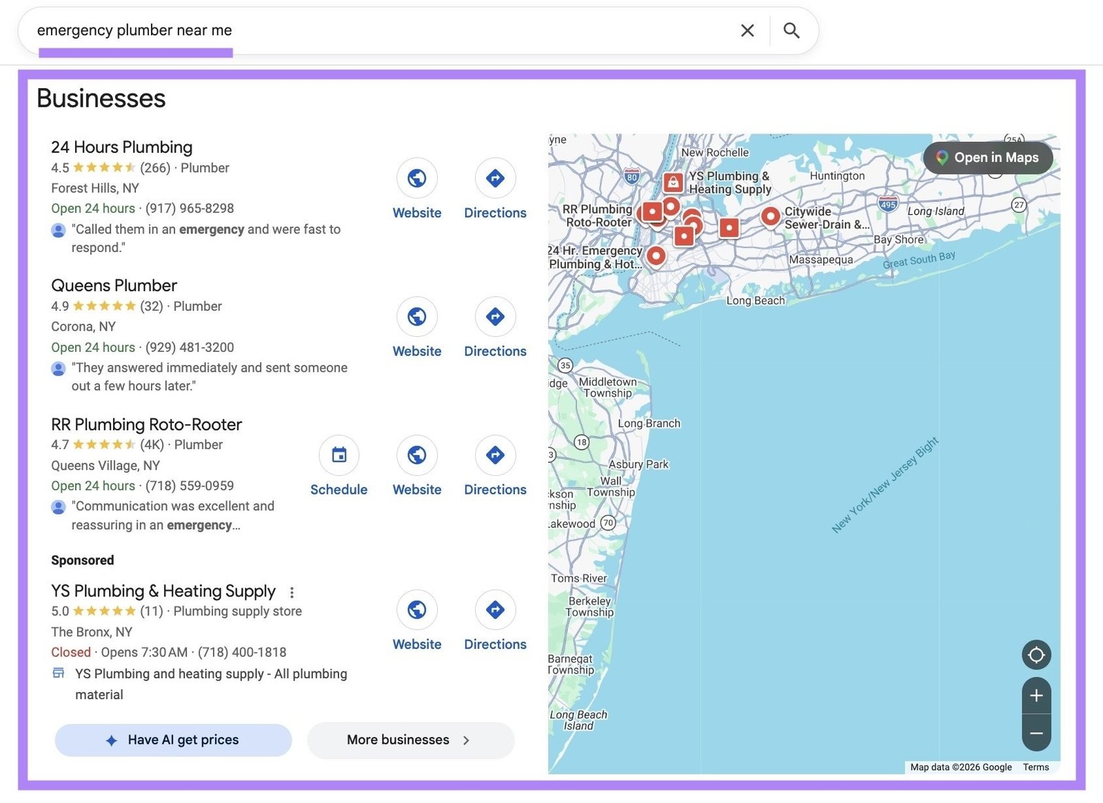 Google SERP for the term "emergency plumber near me" with the local pack highlighted.