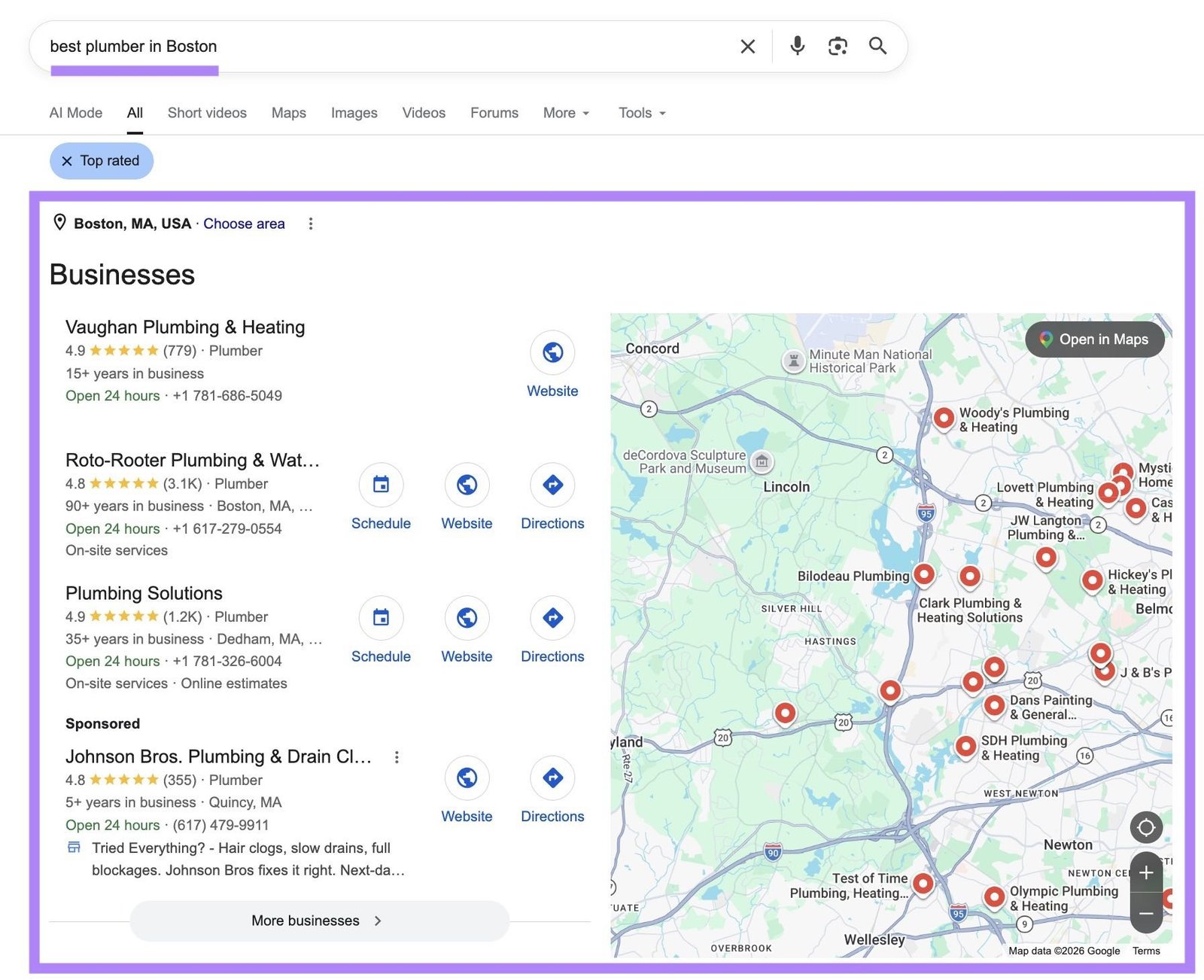 Google SERP for the term "best plumber in Boston" with the local pack highlighted.