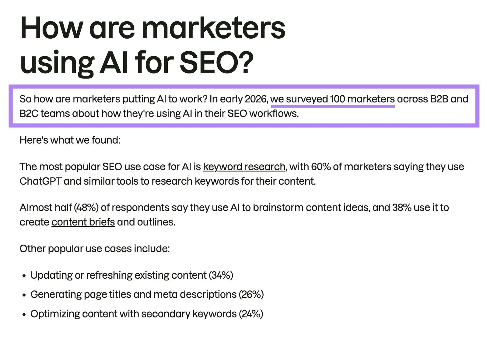 A blog post by Semrush highlighting how they've surveyed 100 marketers to compile the article.