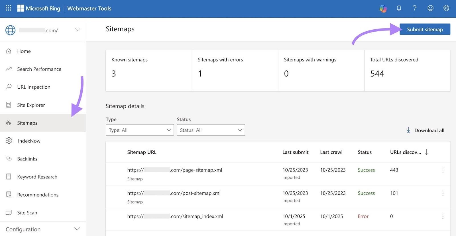 "Sitemaps" on Bing Webmaster Tools with the "Submit sitemap" button on the top-right corner clicked.