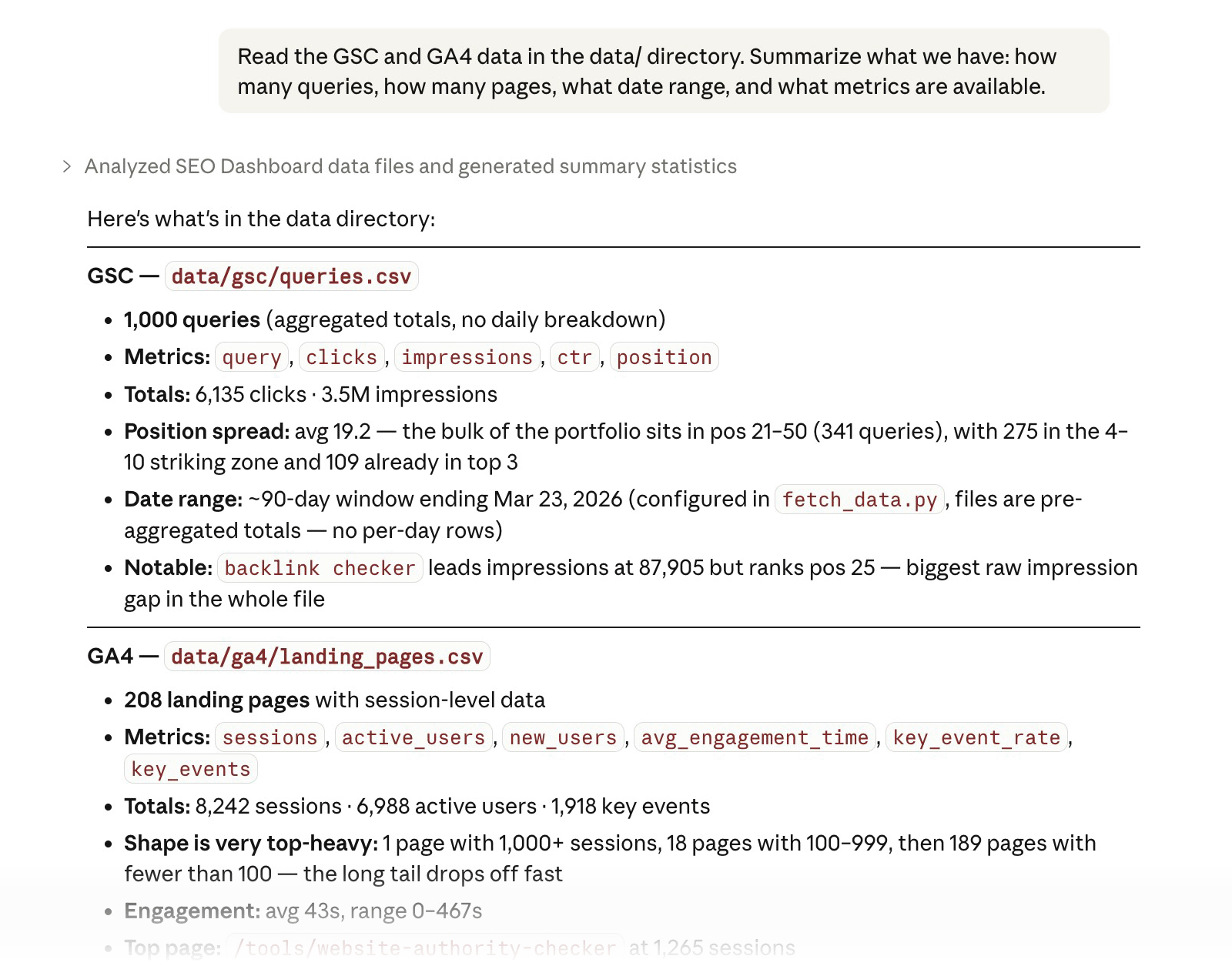 Claude Code summarizes imported GSC and GA4 data, showing query counts, landing pages, metrics, and SEO dataset coverage