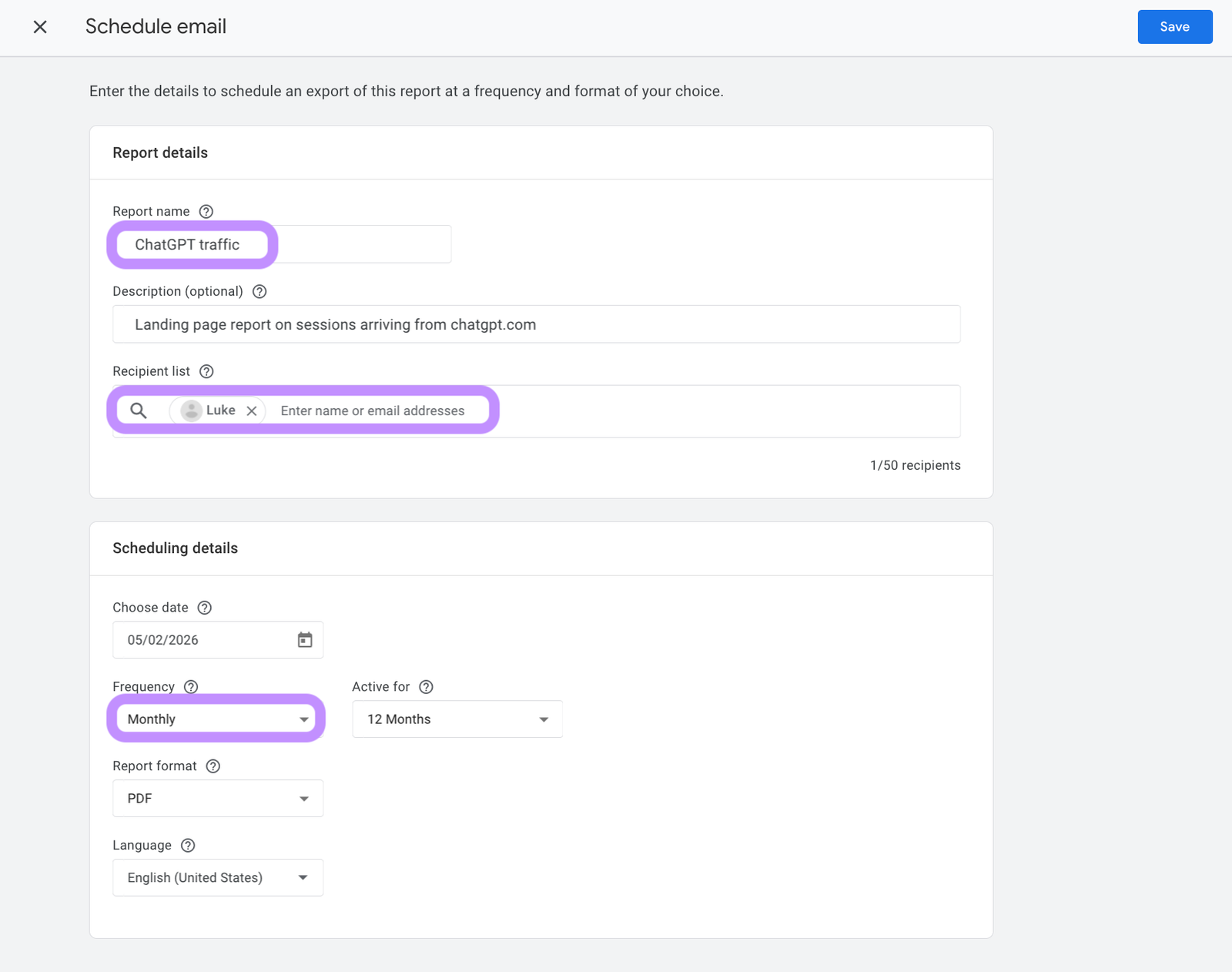 setting up a recurring report in GA4