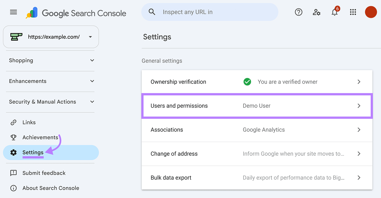 Google Search Console Settings with Users and permissions highlighted
