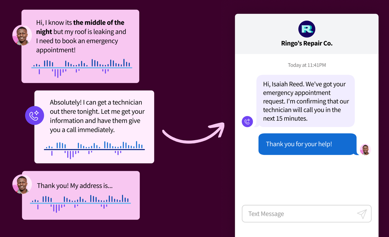 Voice Assist feature scheduling a technician appointment through a call answering system and chat.