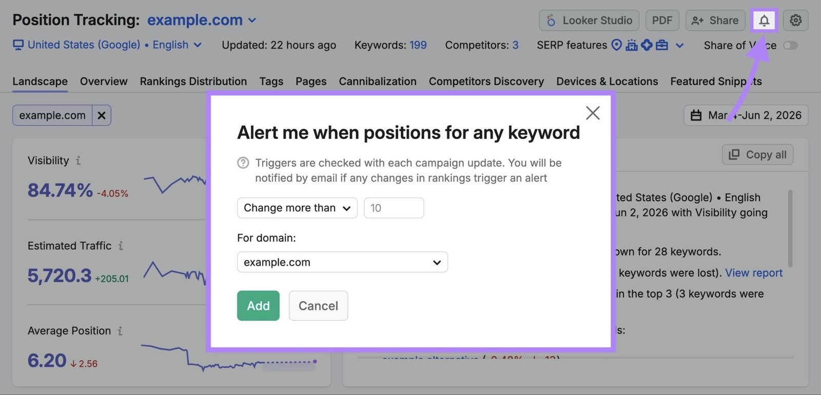 Setting a notification trigger on the Position Tracking tool with the bell icon and the settings window highlighted.